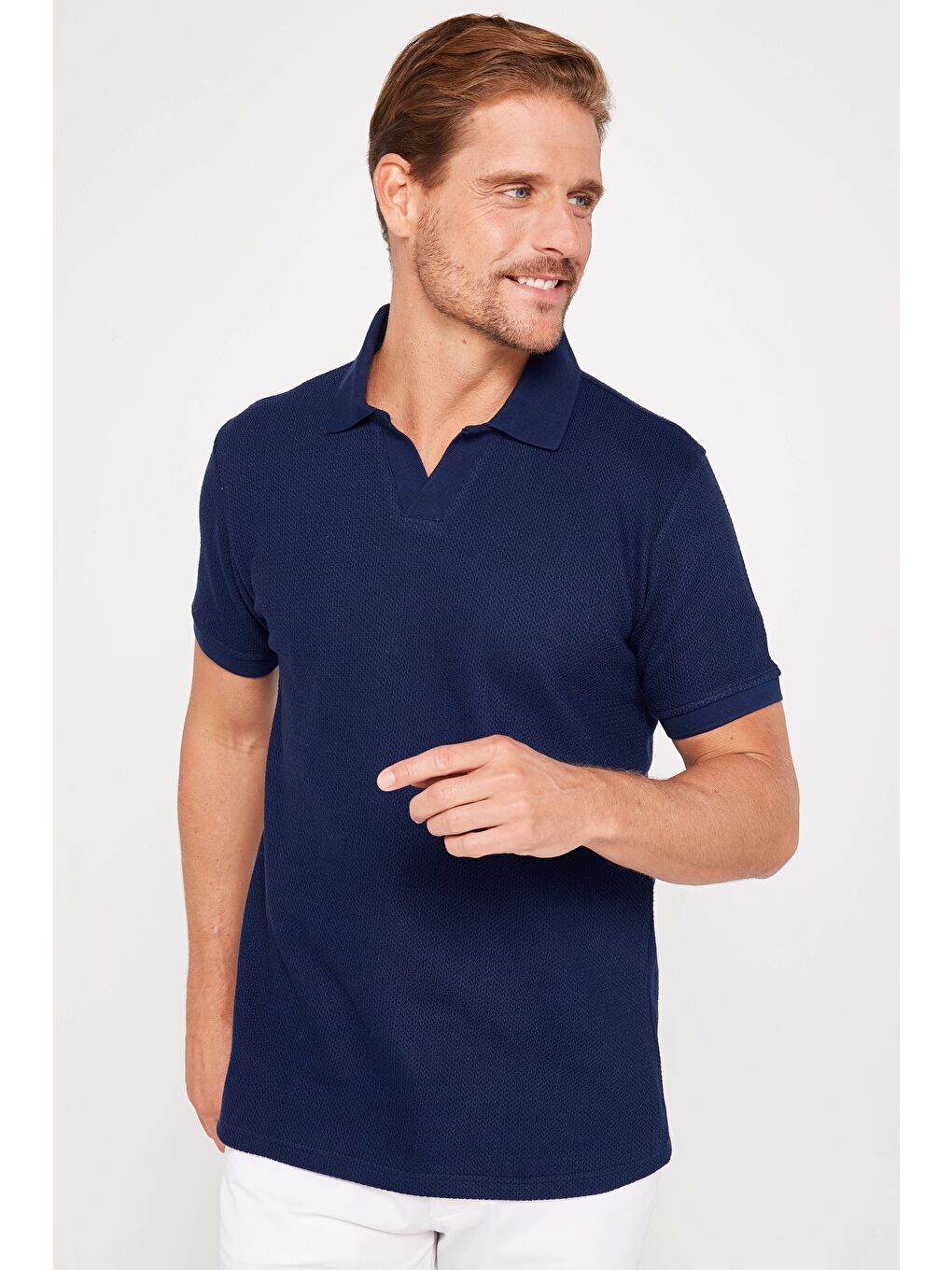 TUDORS Lacivert Erkek Slim Fit Dar Kesim %100 Pamuk Düz Pike Lacivert Polo Yaka Tişört