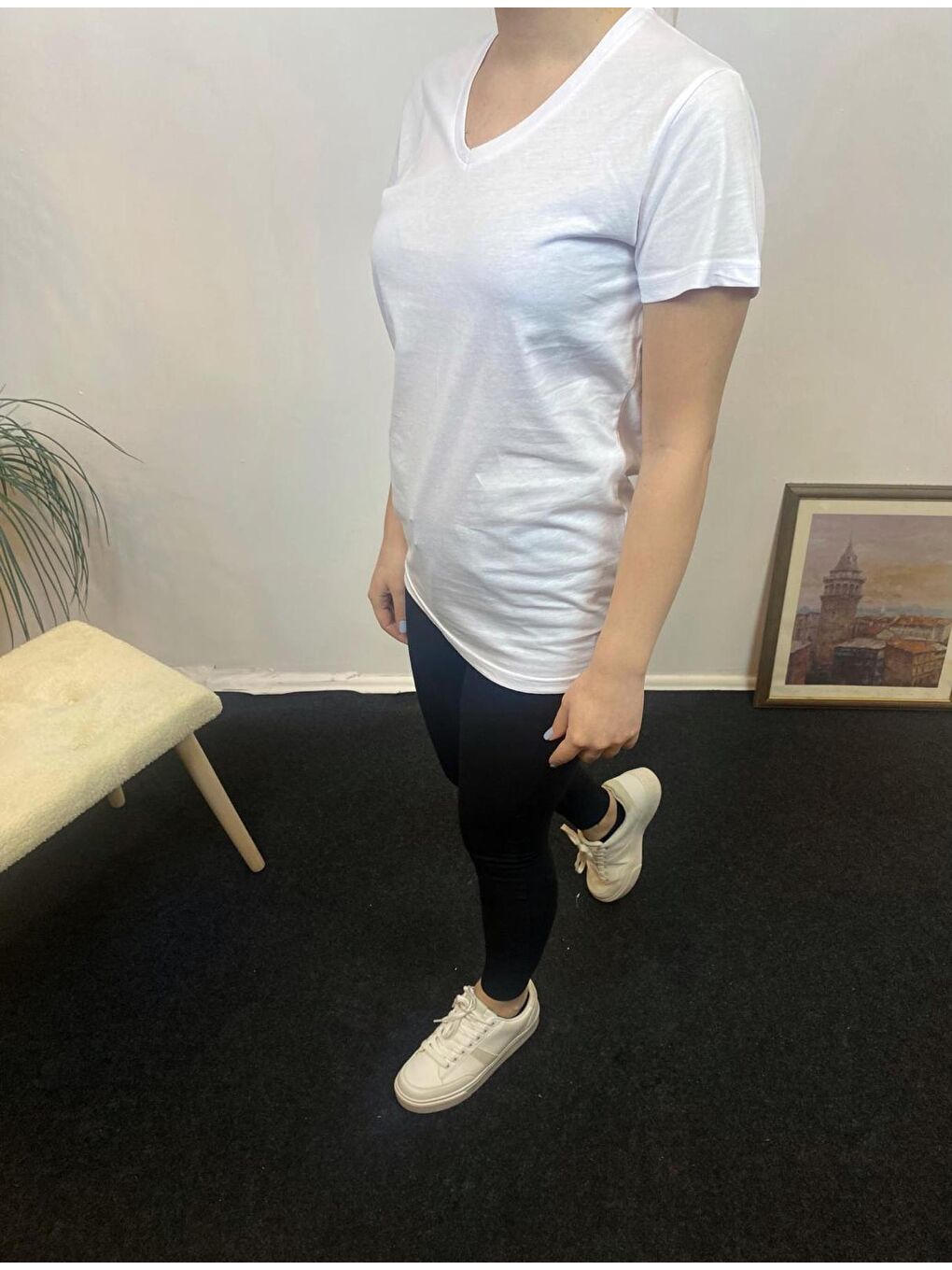 Beyaz Kadın V Yaka Tişort SPR24tsk246-1