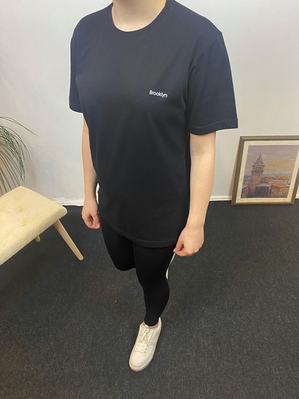 Siyah Kadın Bisiklet Yaka Brooklyn Baskılı Tişort SPR24TSK266