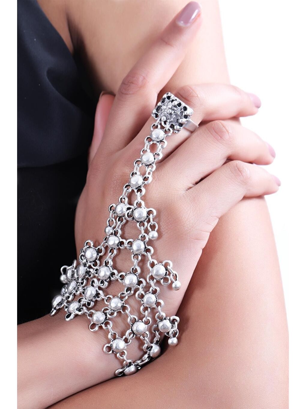 Gri Kadın Antik Gümüş Kaplama Kişniş Model Ayarlanabilir Yüzük Detaylı Şahmeran-3