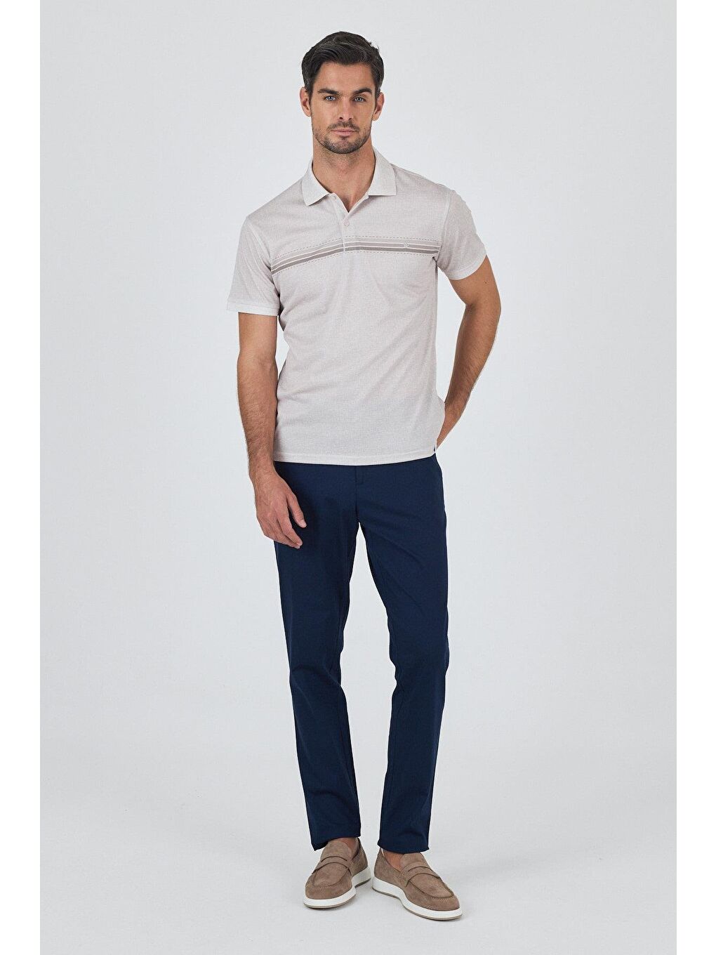 Bej Kısa Kol Baskılı Pike Polo Yaka Cepsiz Slim Fit Tişört 1011250168-1