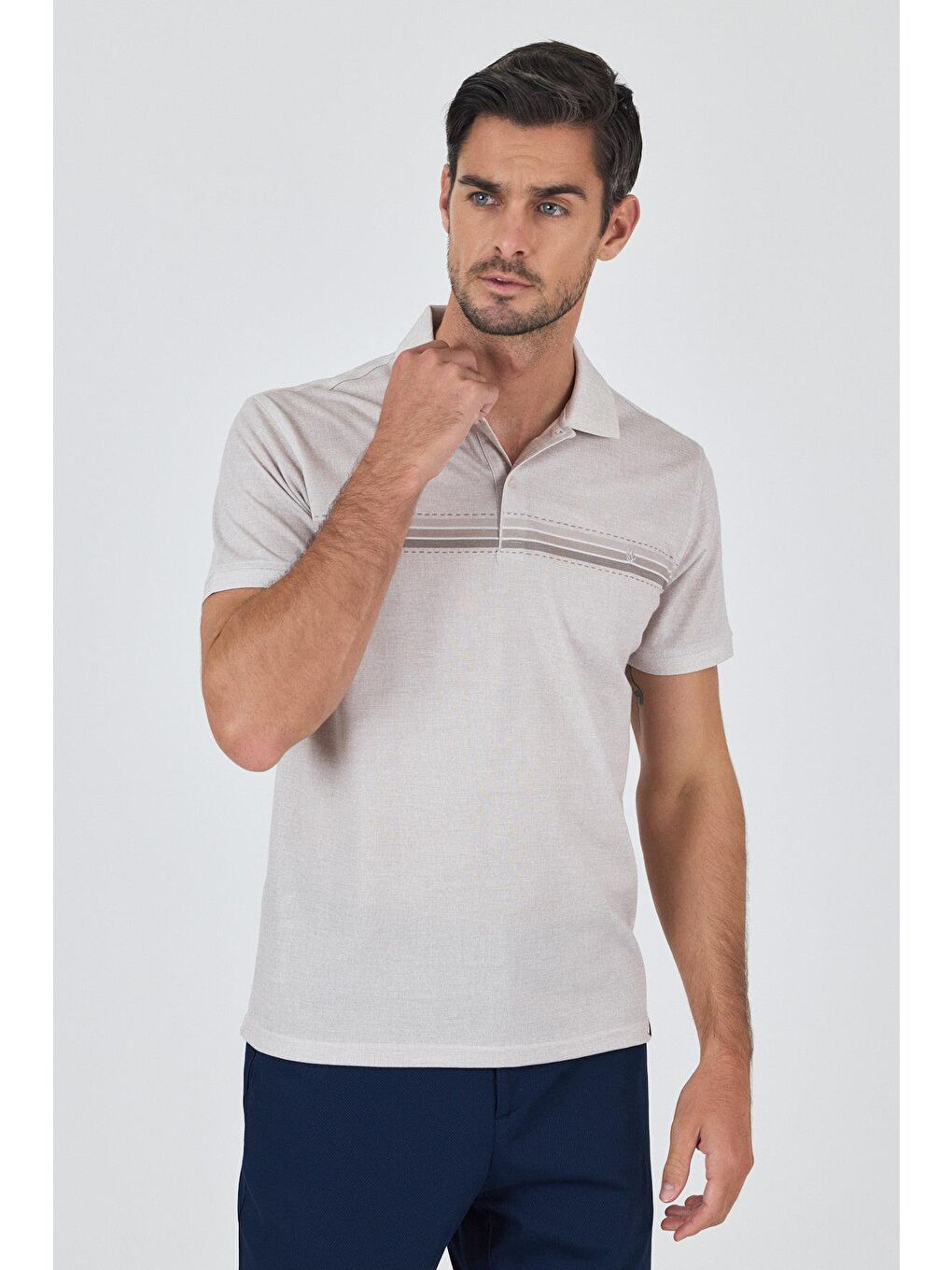 Bej Kısa Kol Baskılı Pike Polo Yaka Cepsiz Slim Fit Tişört 1011250168-2