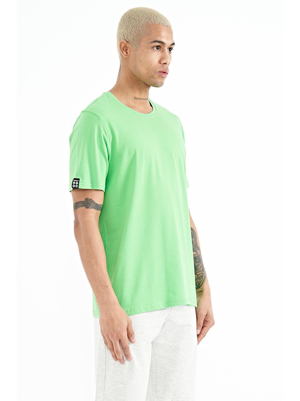 Neon Yeşil Erkek Basic Kısa Kol Standart Kalıp O Yaka Tişört - 87911-1