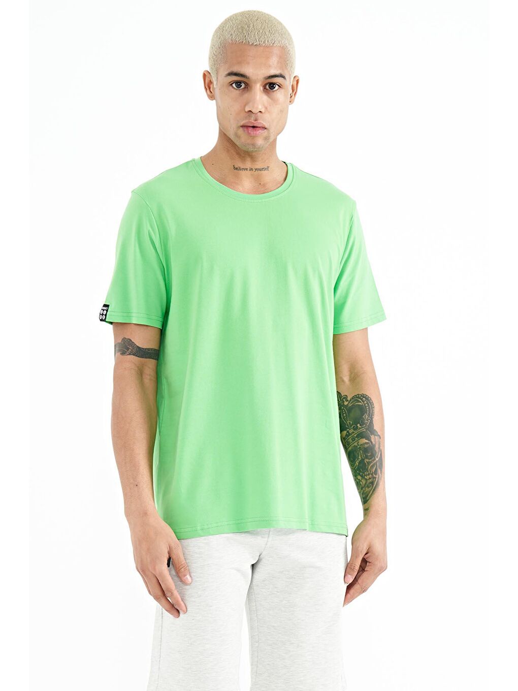 Neon Yeşil Erkek Basic Kısa Kol Standart Kalıp O Yaka Tişört - 87911-2