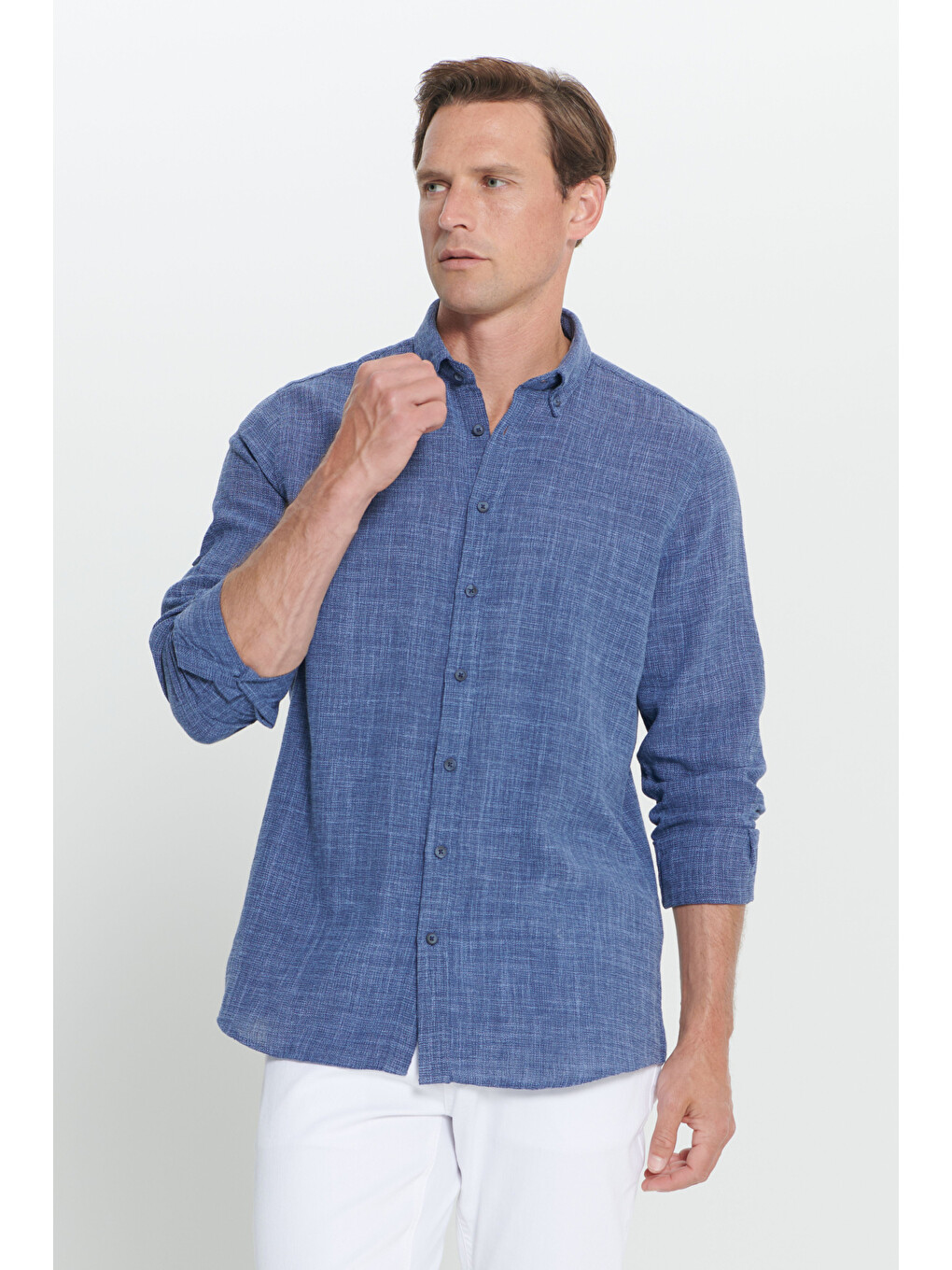 Erkek Lacivert Slim Fit Dar Kesim %100 Pamuk Düğmeli Yaka Gömlek-3