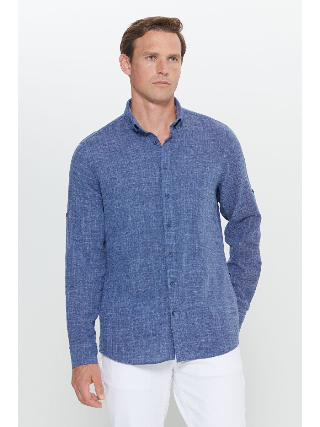 Erkek Lacivert Slim Fit Dar Kesim %100 Pamuk Düğmeli Yaka Gömlek-4