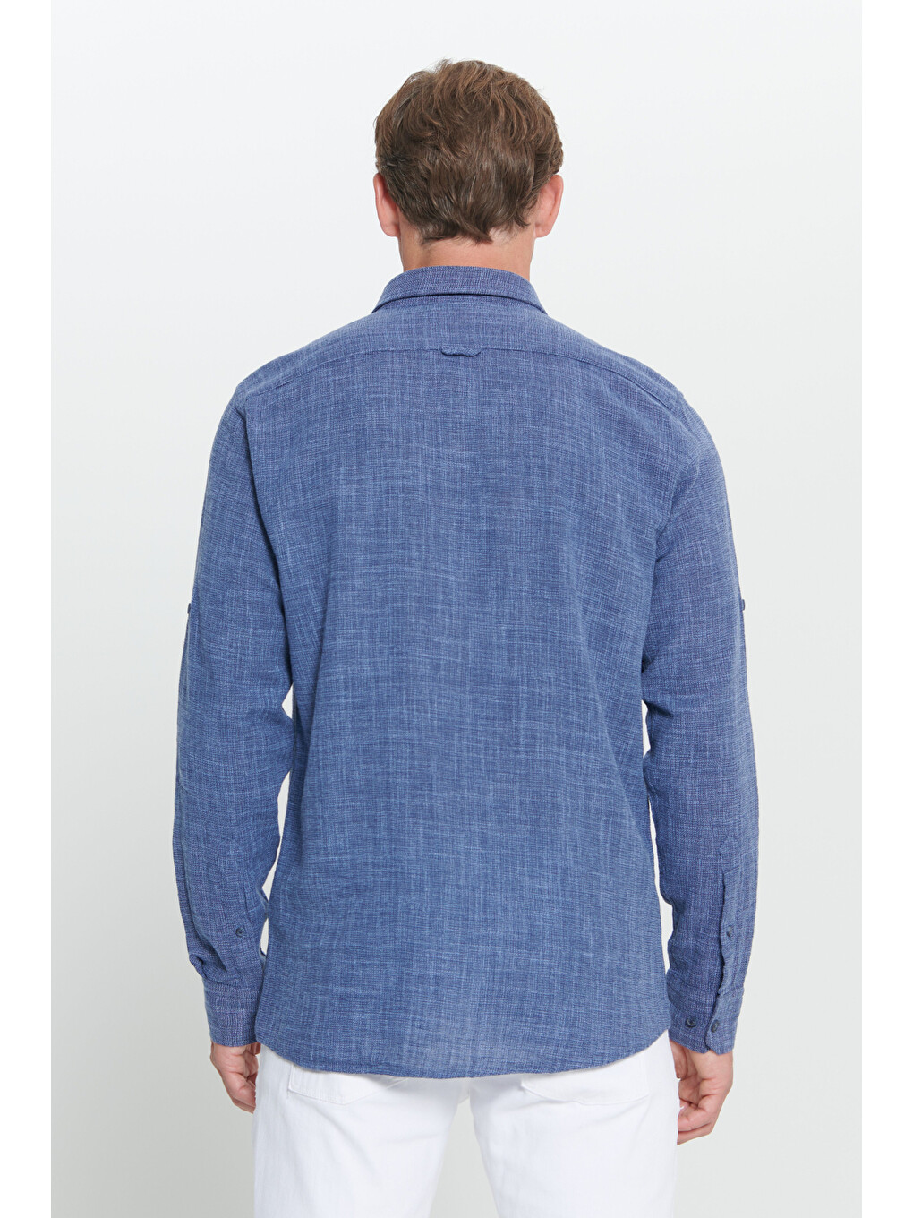 Erkek Lacivert Slim Fit Dar Kesim %100 Pamuk Düğmeli Yaka Gömlek-7