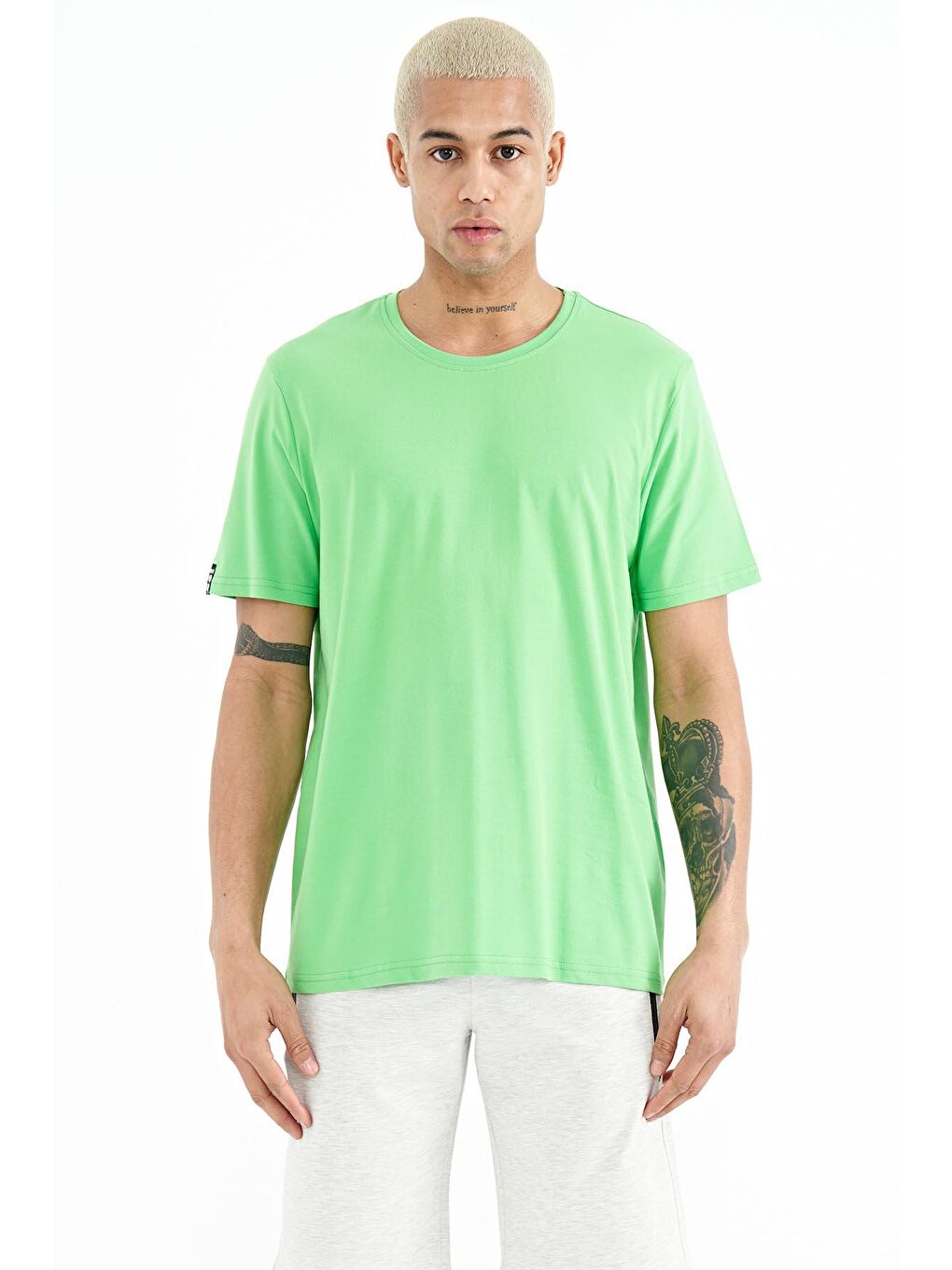Neon Yeşil Erkek Basic Kısa Kol Standart Kalıp O Yaka Tişört - 87911-4