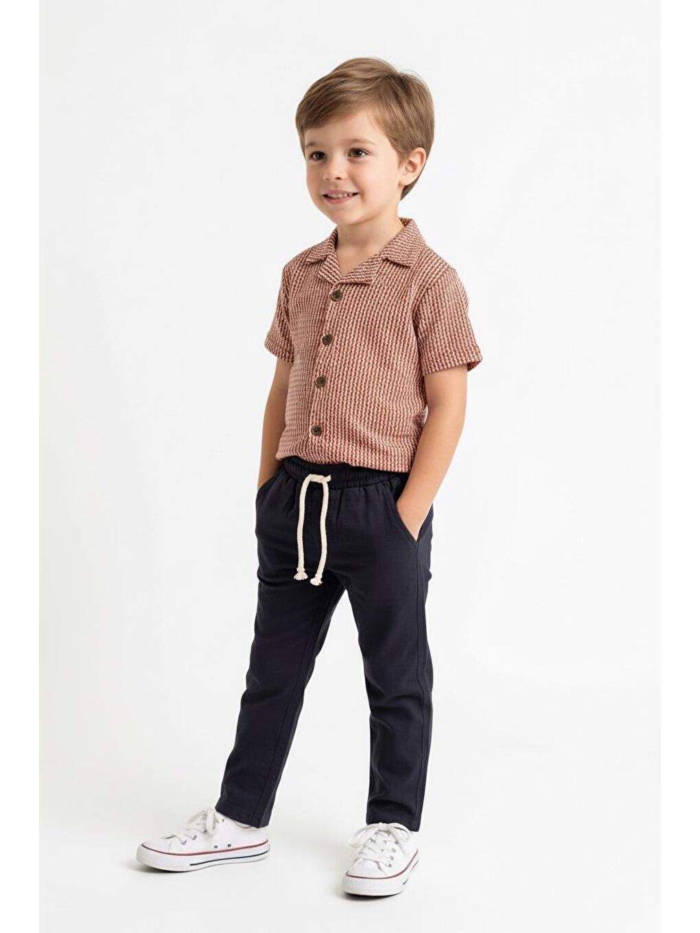 Kahverengi Kabartma Çizgili Gömlek 2li Takım