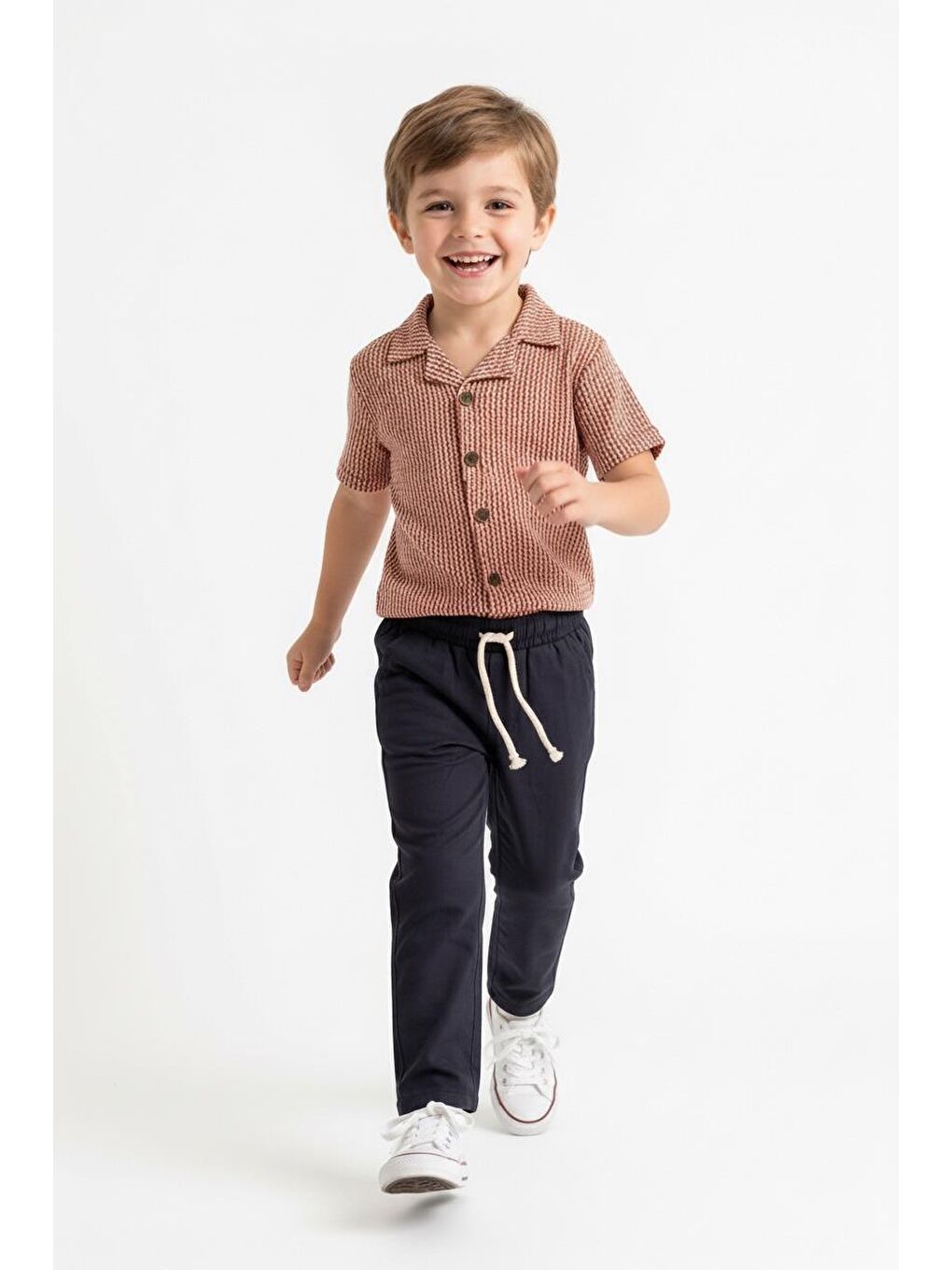 Kahverengi Kabartma Çizgili Gömlek 2li Takım-1