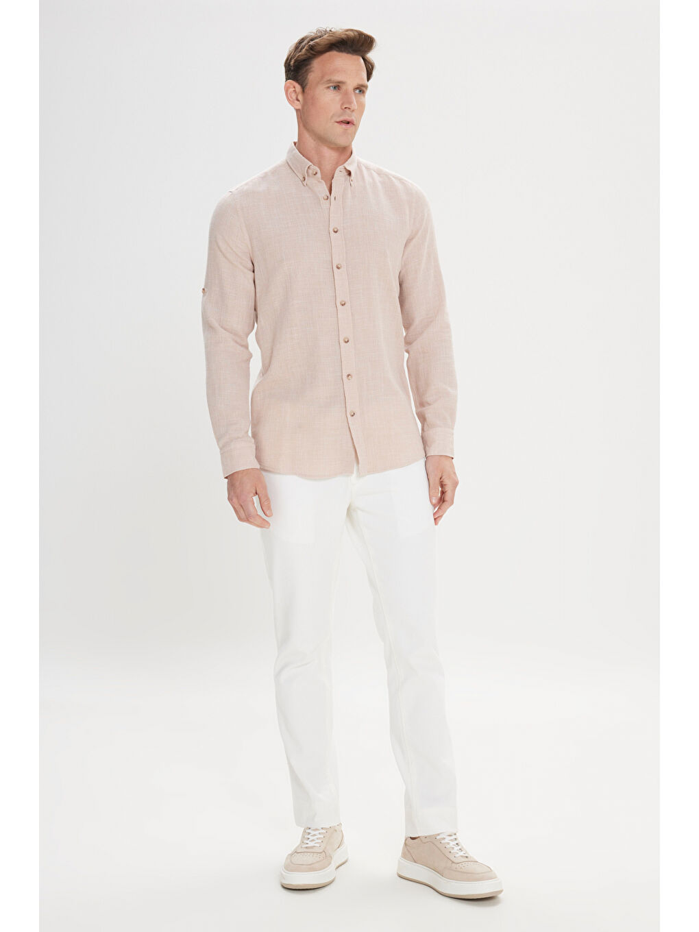 Erkek Koyu Bej Slim Fit Dar Kesim %100 Pamuk Düğmeli Yaka Gömlek-1