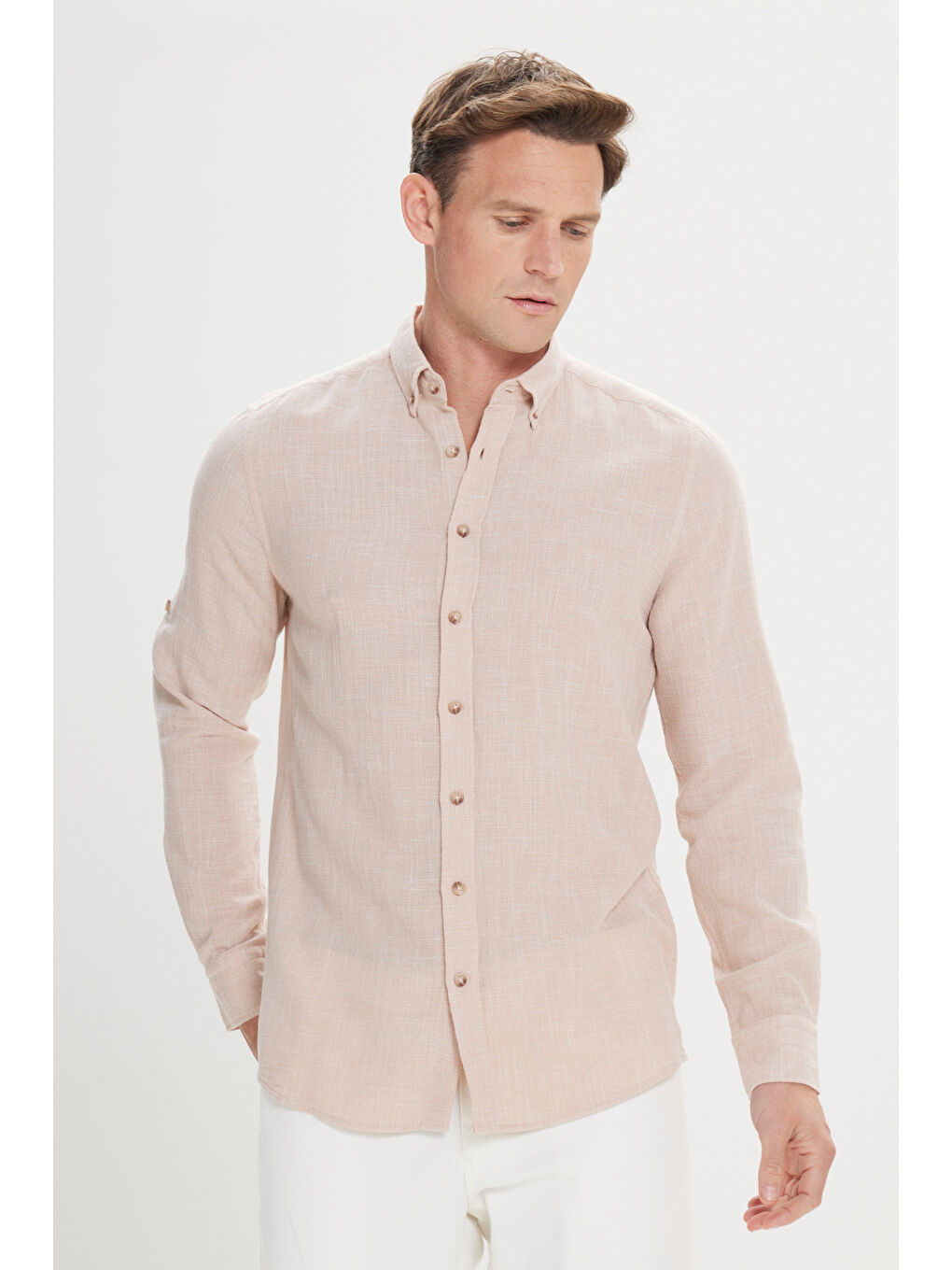 Erkek Koyu Bej Slim Fit Dar Kesim %100 Pamuk Düğmeli Yaka Gömlek-2