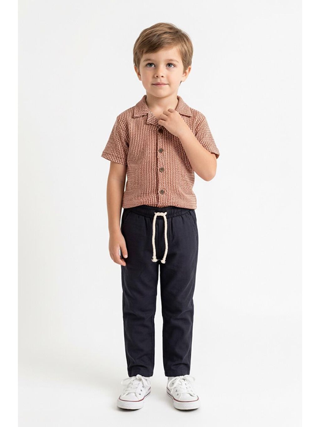 Kahverengi Kabartma Çizgili Gömlek 2li Takım-2