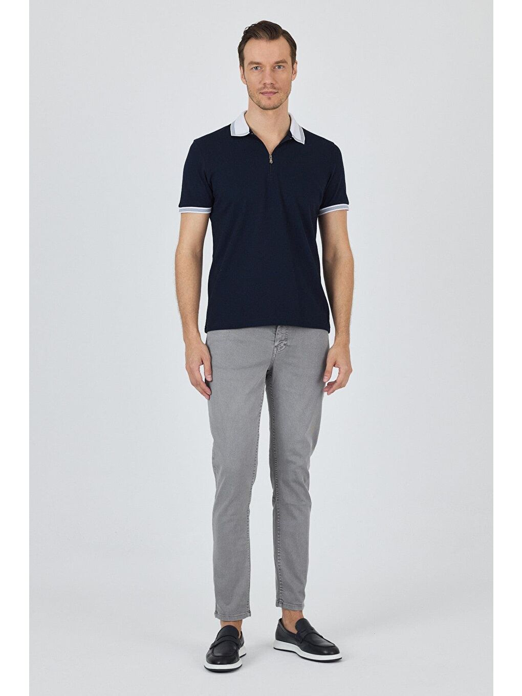 Lacivert Kısa Kol Düz Pike Polo Yaka Cepsiz %100 Pamuk Slim Fit Tişört 1011250130-1