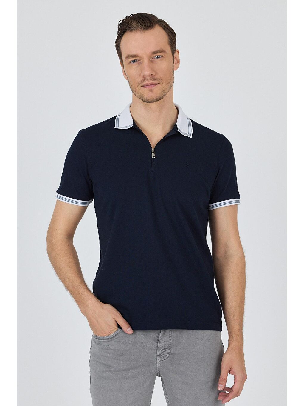Lacivert Kısa Kol Düz Pike Polo Yaka Cepsiz %100 Pamuk Slim Fit Tişört 1011250130-2