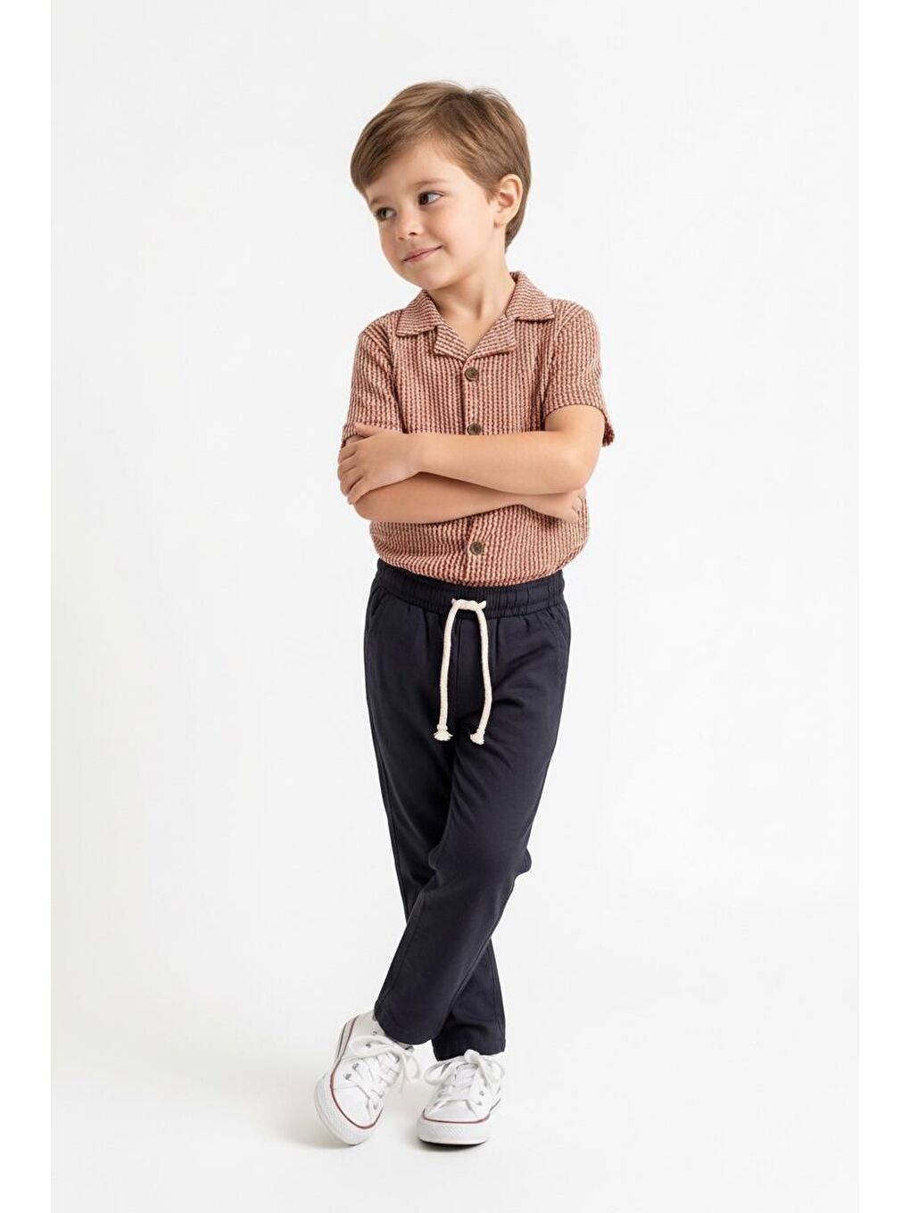 Kahverengi Kabartma Çizgili Gömlek 2li Takım-3