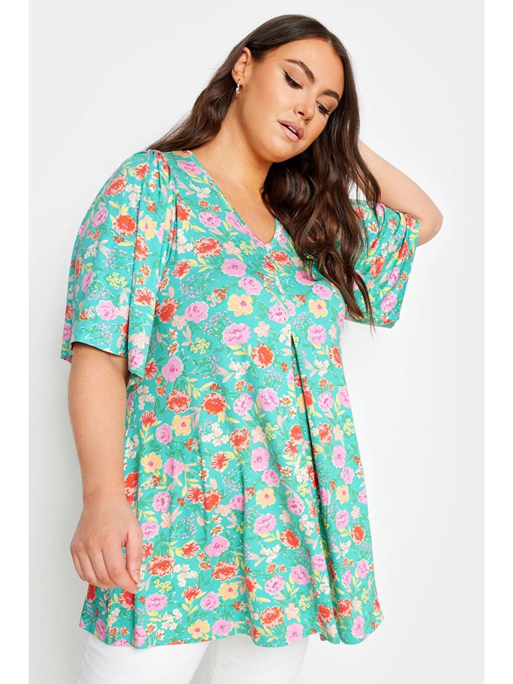 Turkuaz Büyük Beden V Yaka Desenli Asimetrik Kesim Elastanlı Bluz