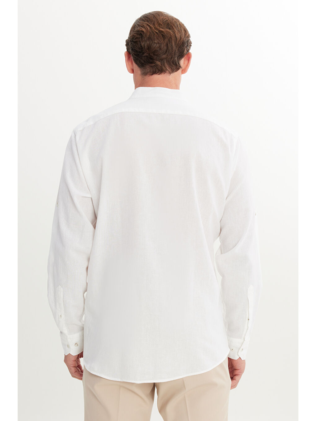 Erkek Beyaz Keten Comfort Fit Rahat Kesim Hakim Yaka Flamlı Gömlek-4