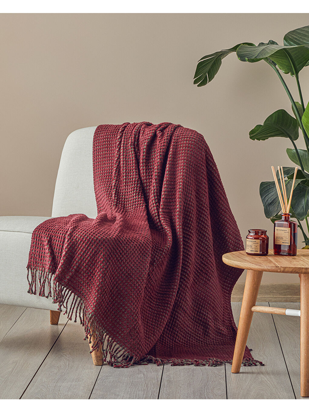 Plain Waffle Pamuklu Tv Battaniyesi Bordo-Yeşil-3