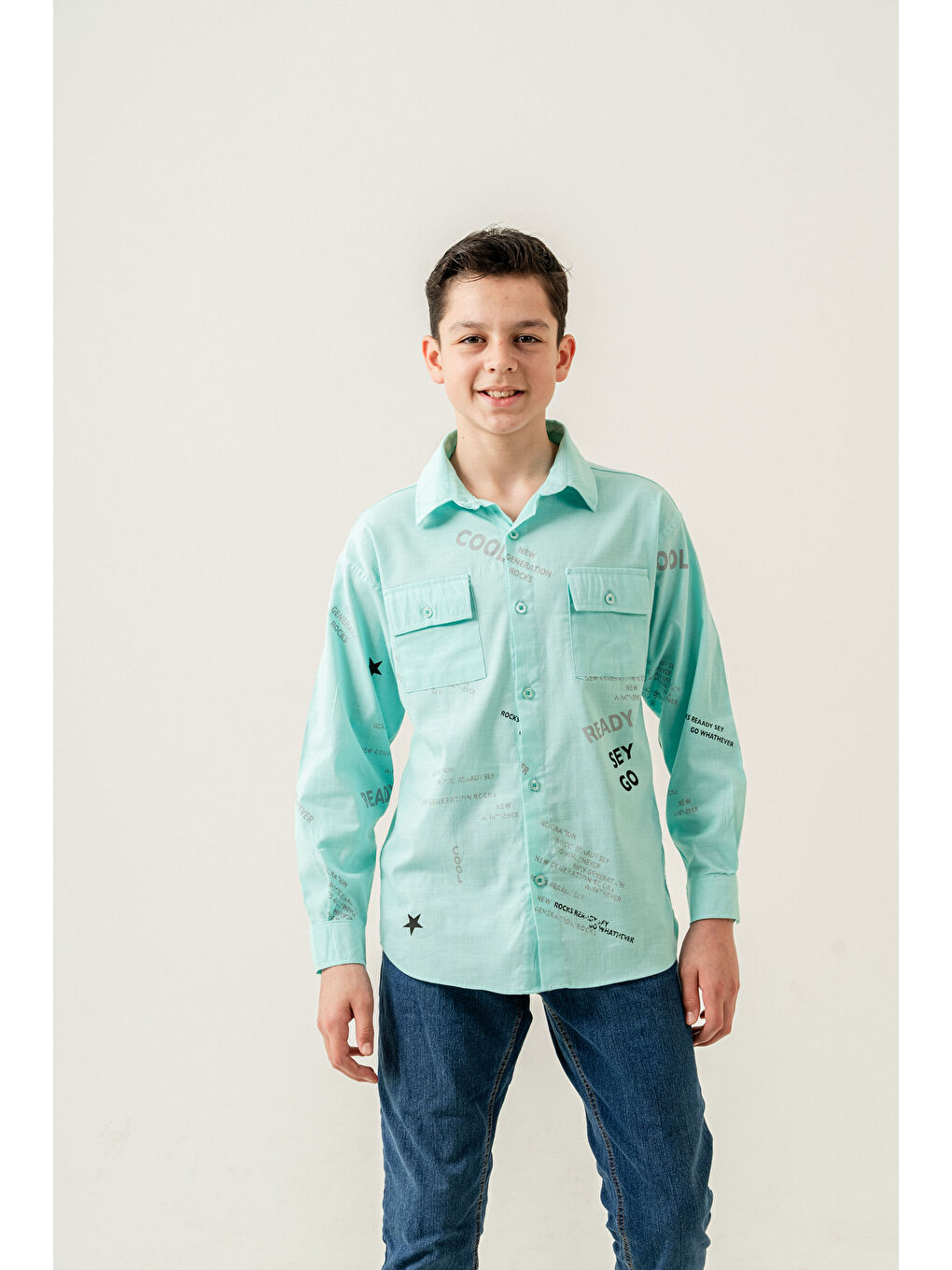 Yeşil Erkek Çocuk Çift Cepli Keten Gömlek P1098-1