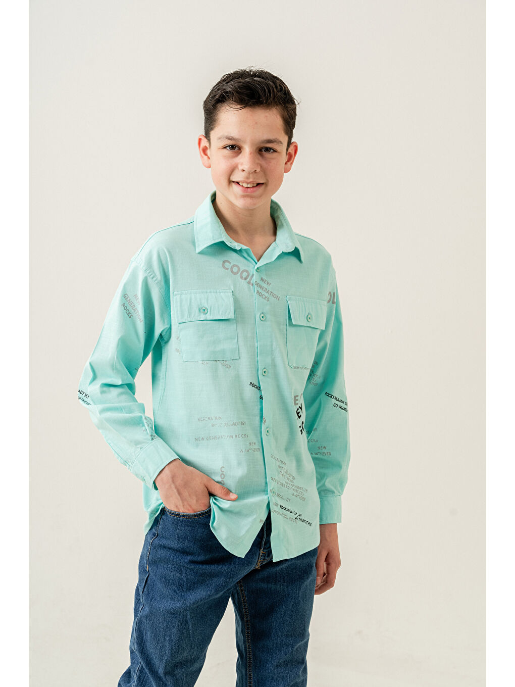 Yeşil Erkek Çocuk Çift Cepli Keten Gömlek P1098-2
