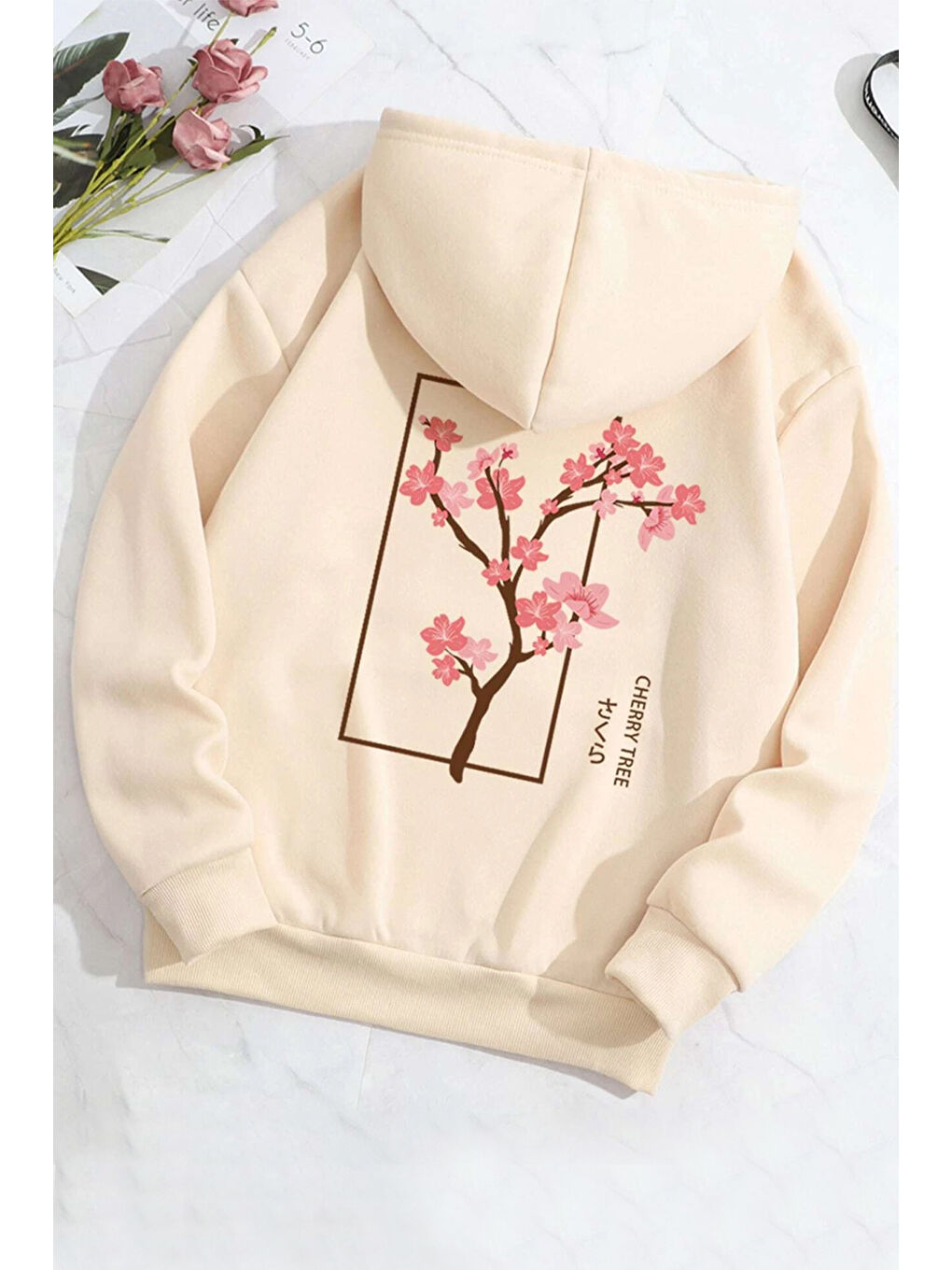 uyguntarz Bej Unisex Cherry Tree Baskılı Oversize Sweatshirt - 1