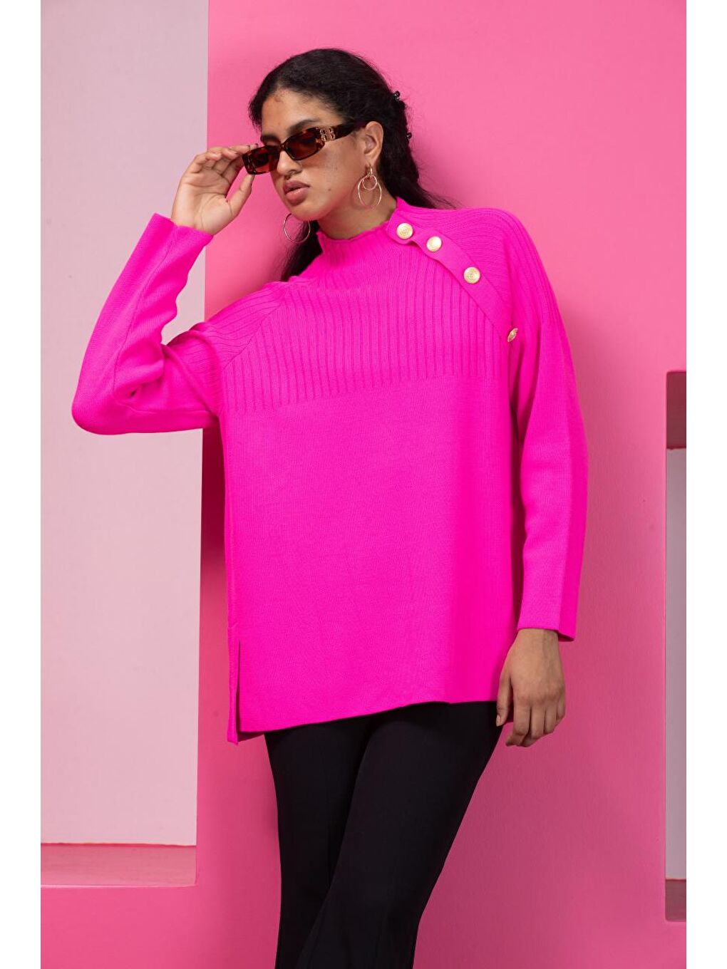 Fuşya Kadın Yarım Balıkçı Yaka Düğme Detaylı Triko Bluz
