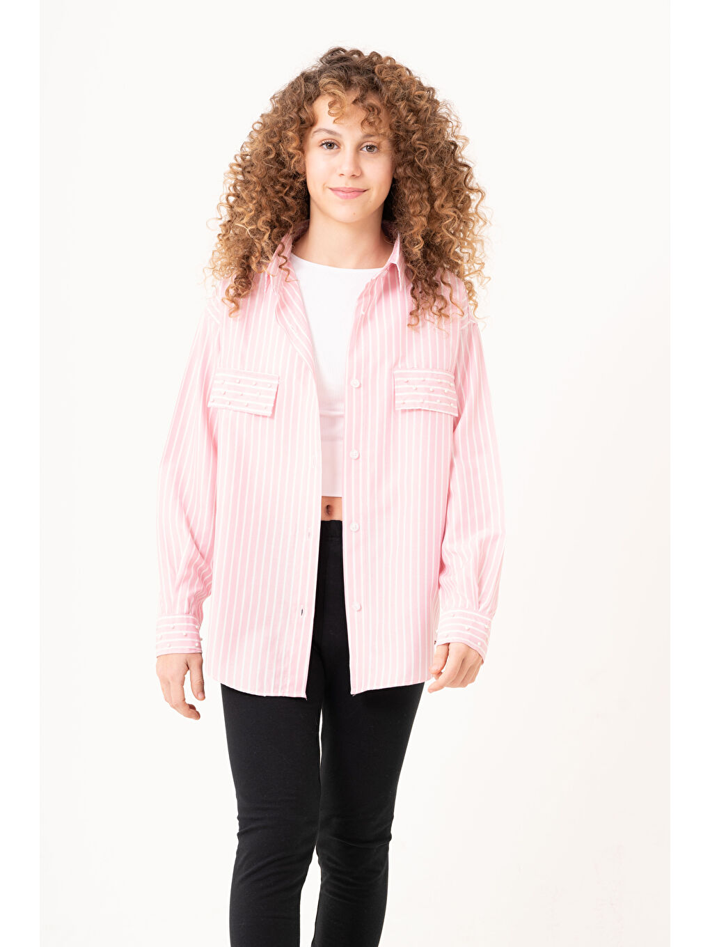 Pembe Kız Çocuk Taş Süslemeli Gömlek P1079-1