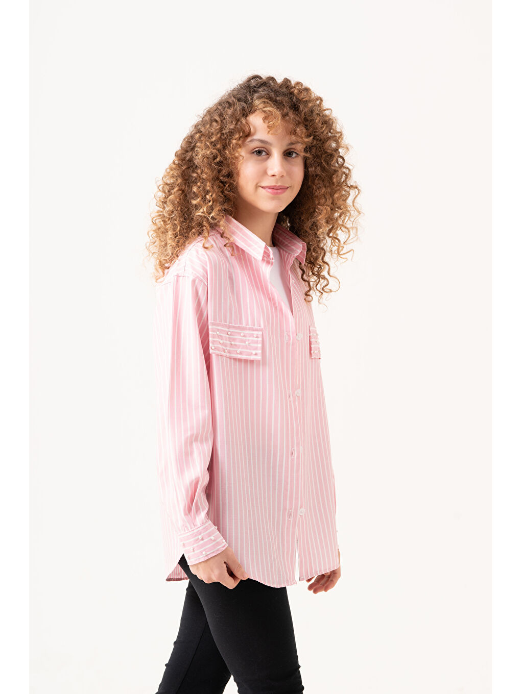 Pembe Kız Çocuk Taş Süslemeli Gömlek P1079-2
