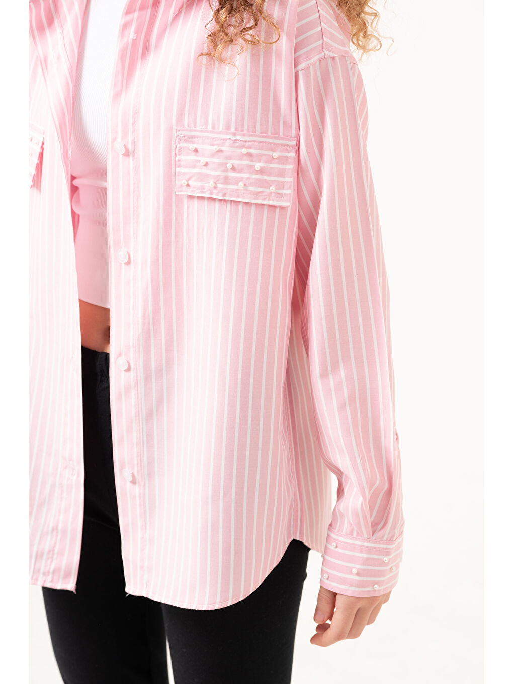 Pembe Kız Çocuk Taş Süslemeli Gömlek P1079-4