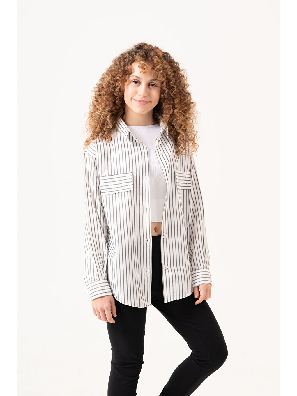 Beyaz Kız Çocuk Taş Süslemeli Gömlek P1079