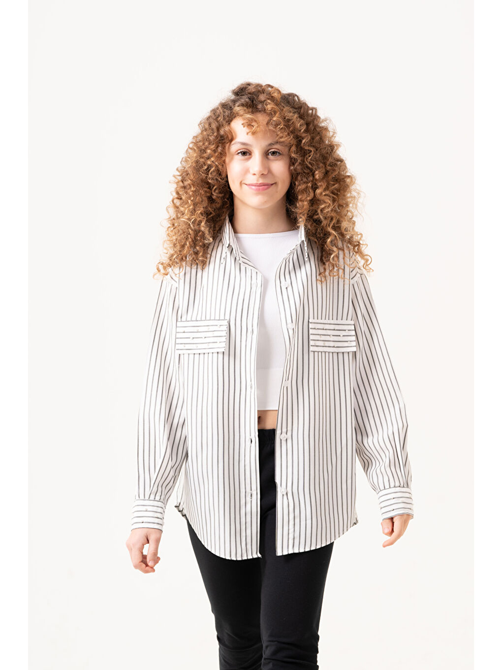 Beyaz Kız Çocuk Taş Süslemeli Gömlek P1079-1