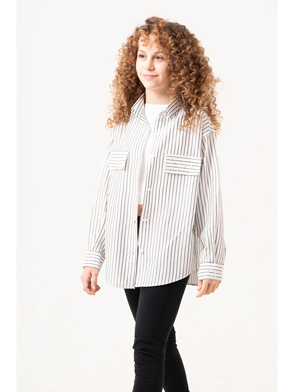 Beyaz Kız Çocuk Taş Süslemeli Gömlek P1079-2