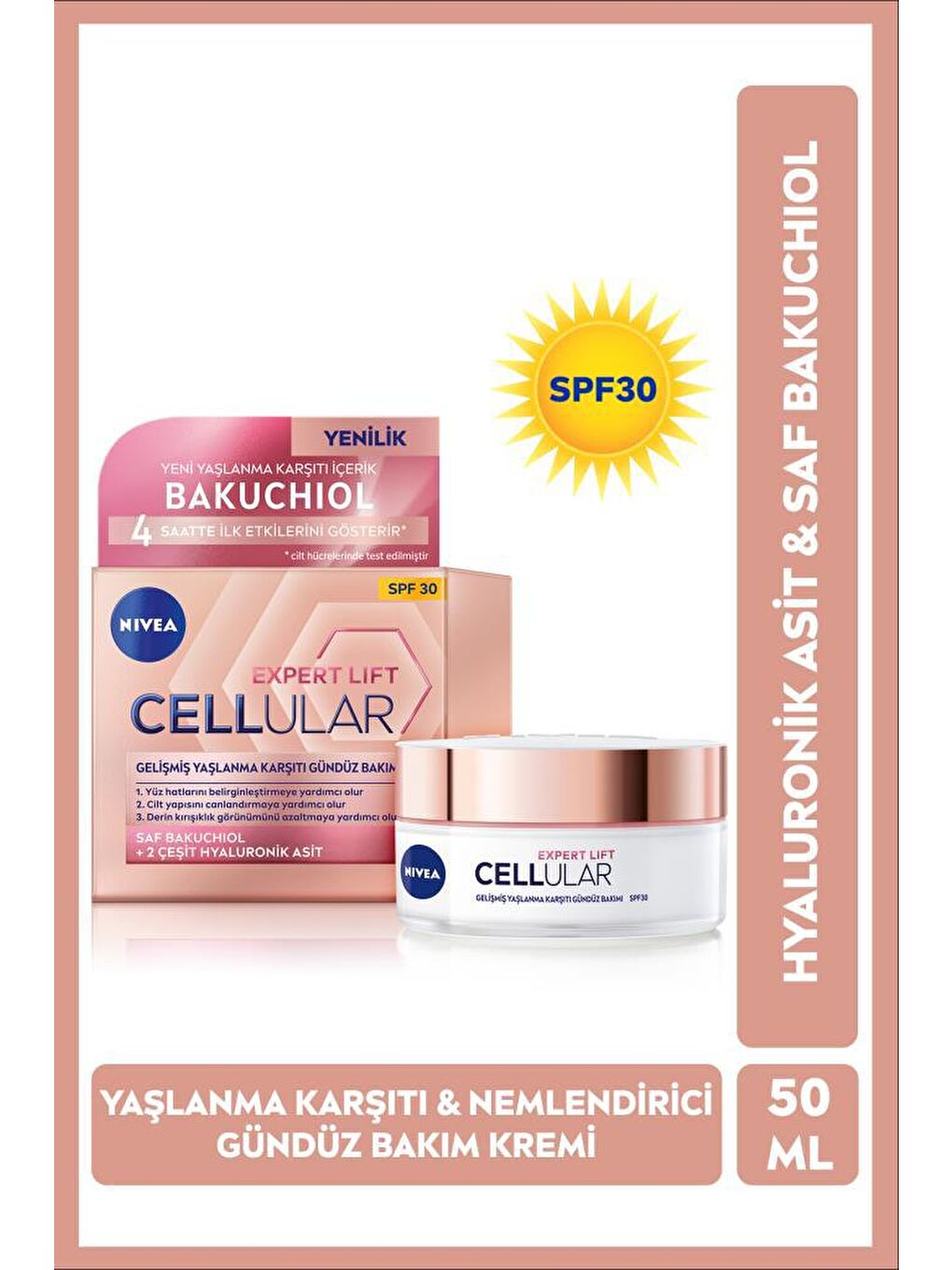 NIVEA Cellular Expert Lift Saf Bakuchiol, Hyaluronik Asit, Yaşlanma Karşıtı Gündüz Ve Gece Yüz Kremi 50 ml - 1