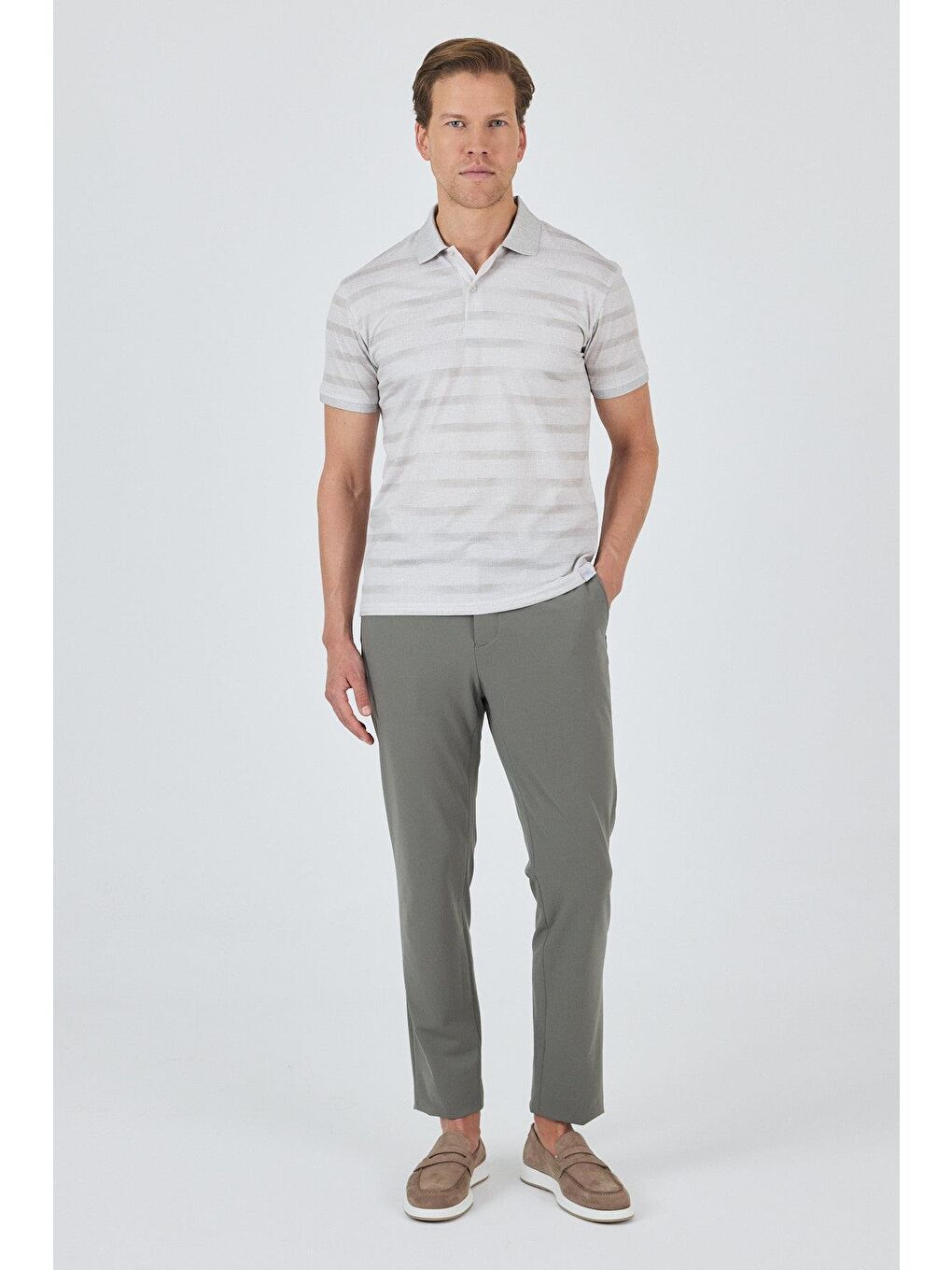 Bej Kısa Kol Baskılı Pike Polo Yaka Cepsiz Slim Fit Tişört 1011250170-2