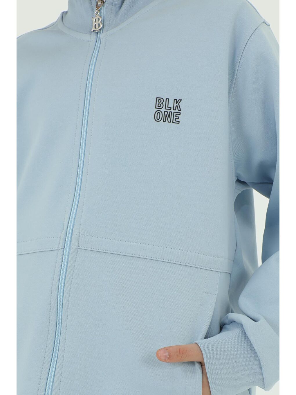 Mavi Erkek Çocuk Dik Yaka Baskı Detaylı Çift Cepli Hırkalı Üç Parça Eşofman Takımı-5