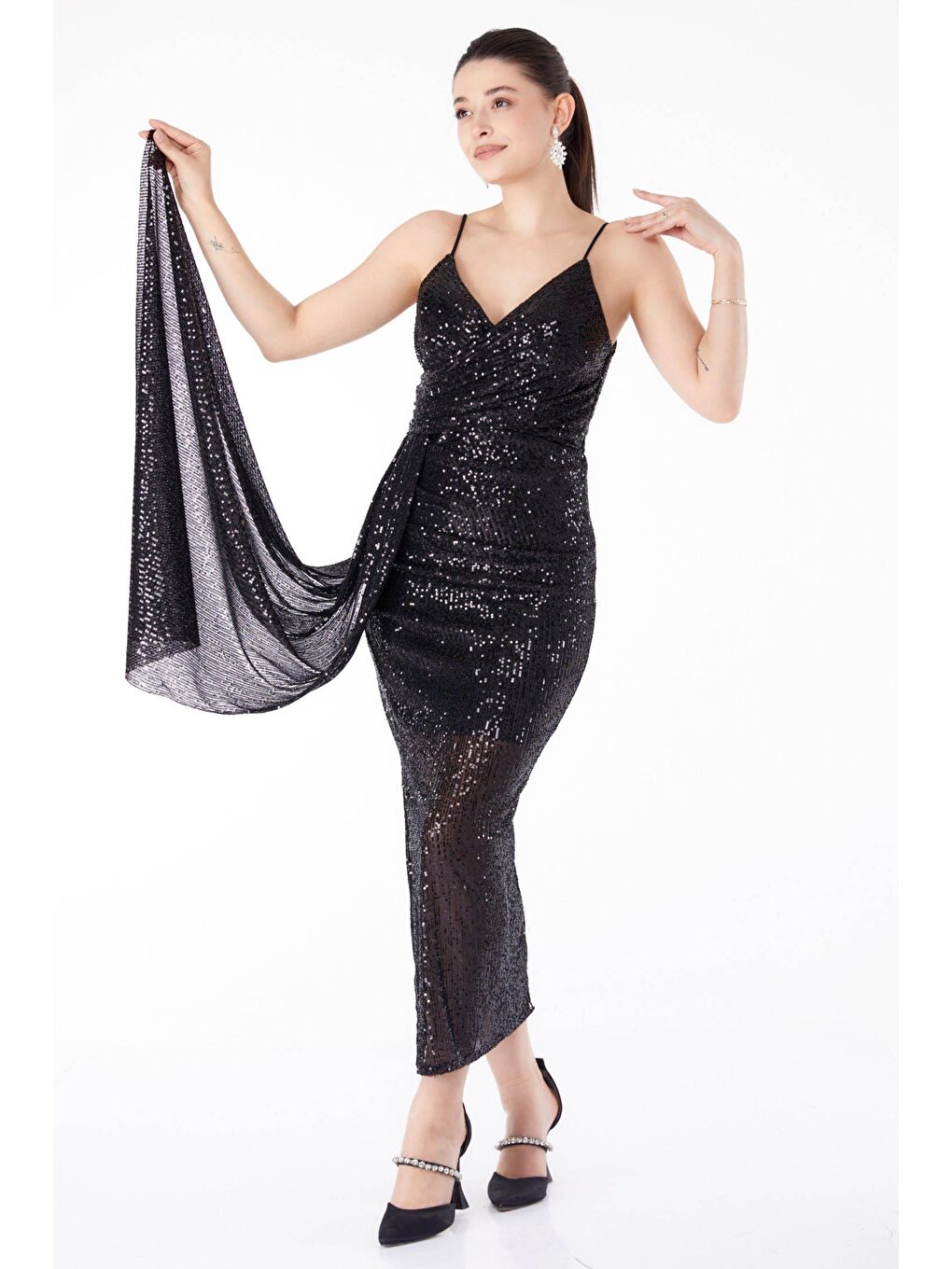 Düz Orta Kadın Siyah Pullu Ara Boy Abiye Elbise - 25517