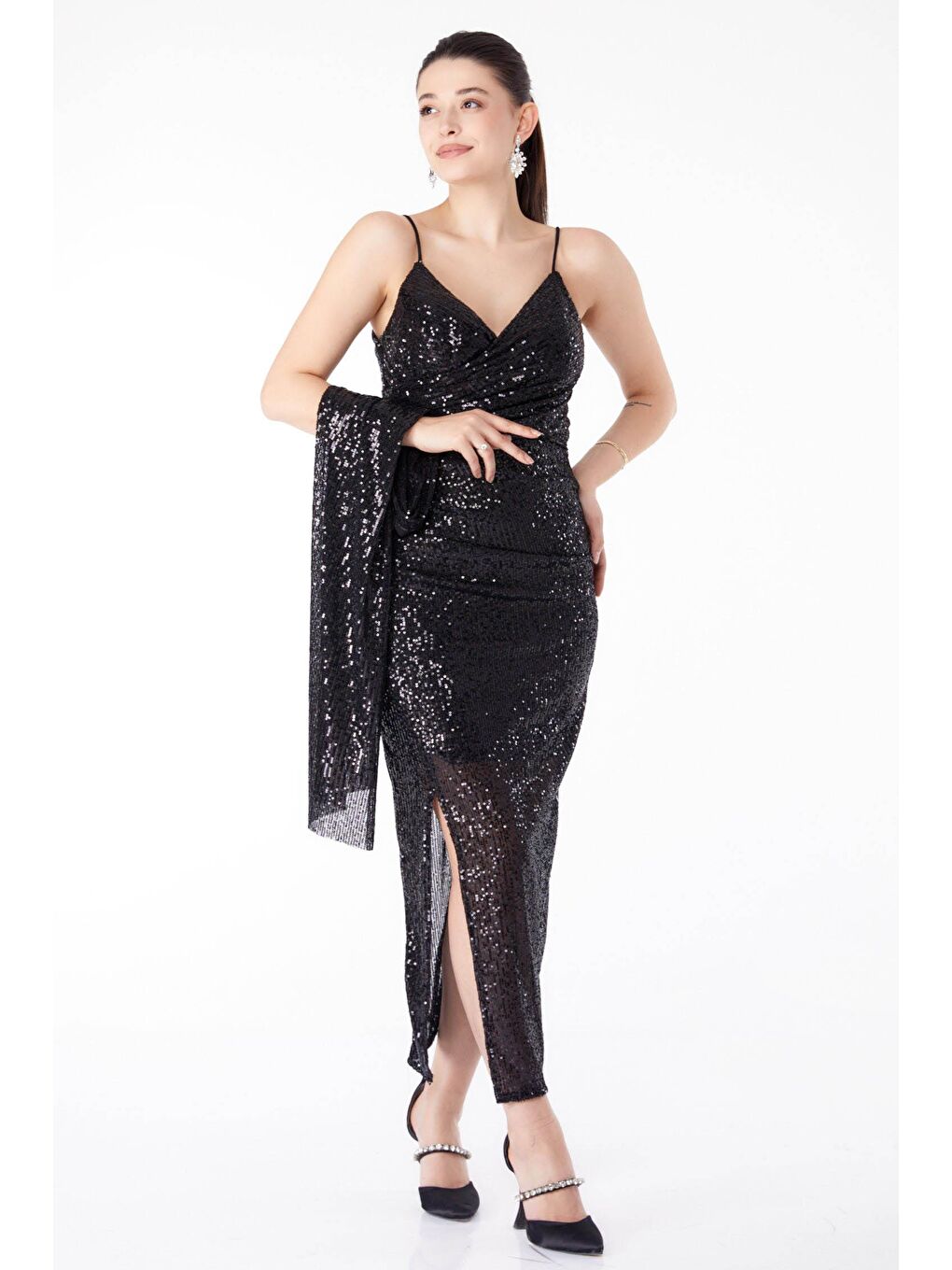 Düz Orta Kadın Siyah Pullu Ara Boy Abiye Elbise - 25517-1