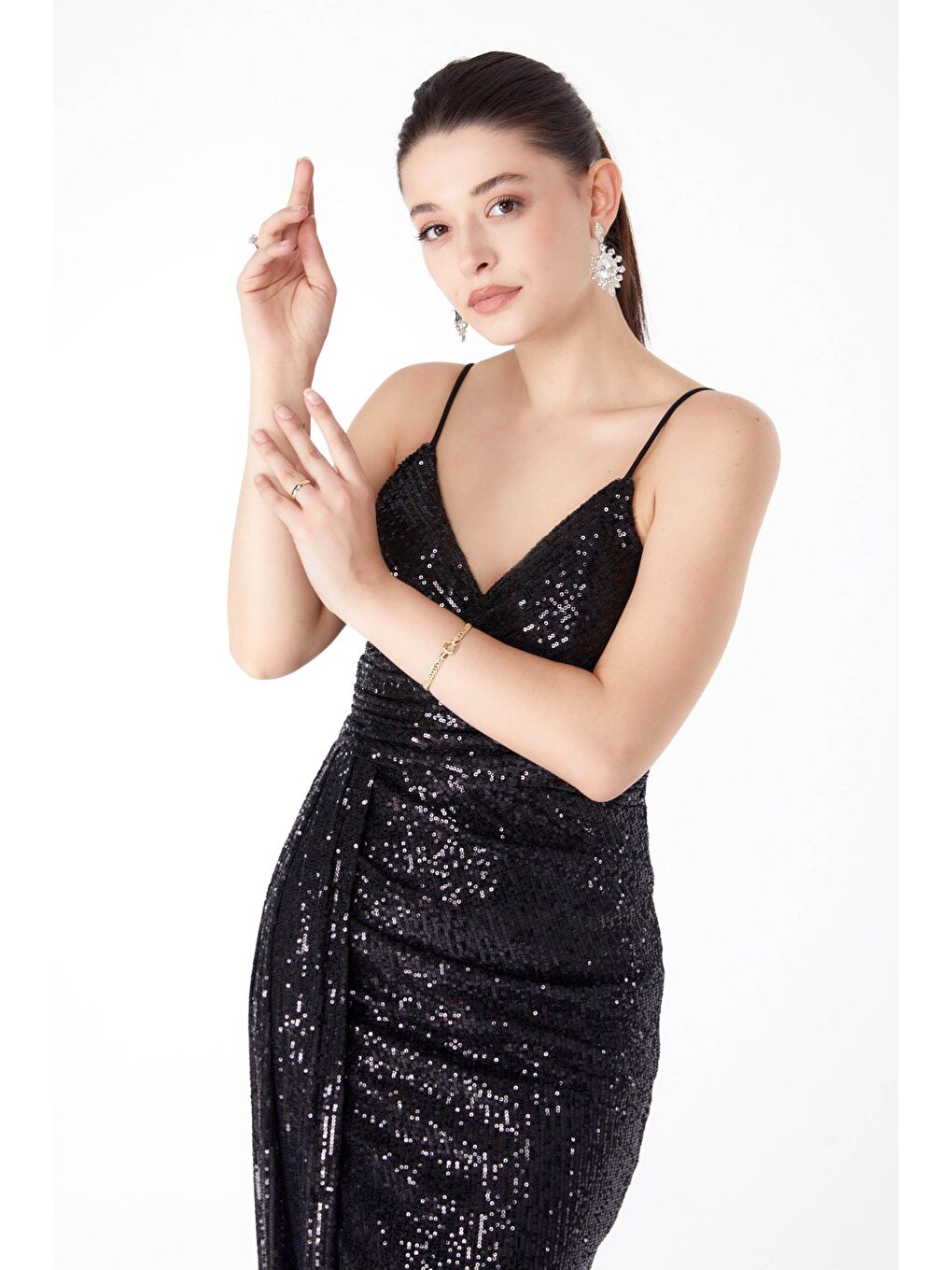 Düz Orta Kadın Siyah Pullu Ara Boy Abiye Elbise - 25517-2