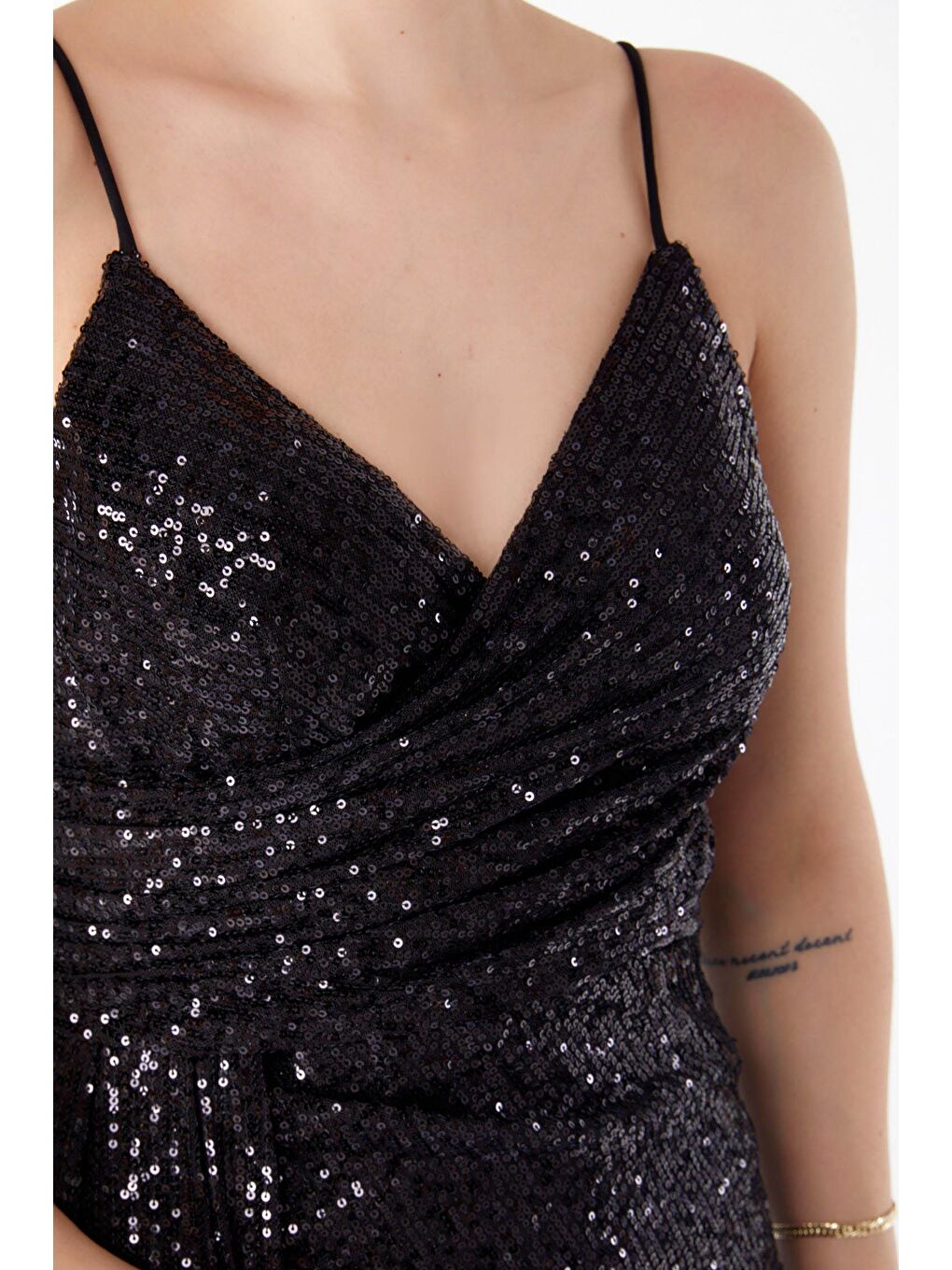 Düz Orta Kadın Siyah Pullu Ara Boy Abiye Elbise - 25517-5