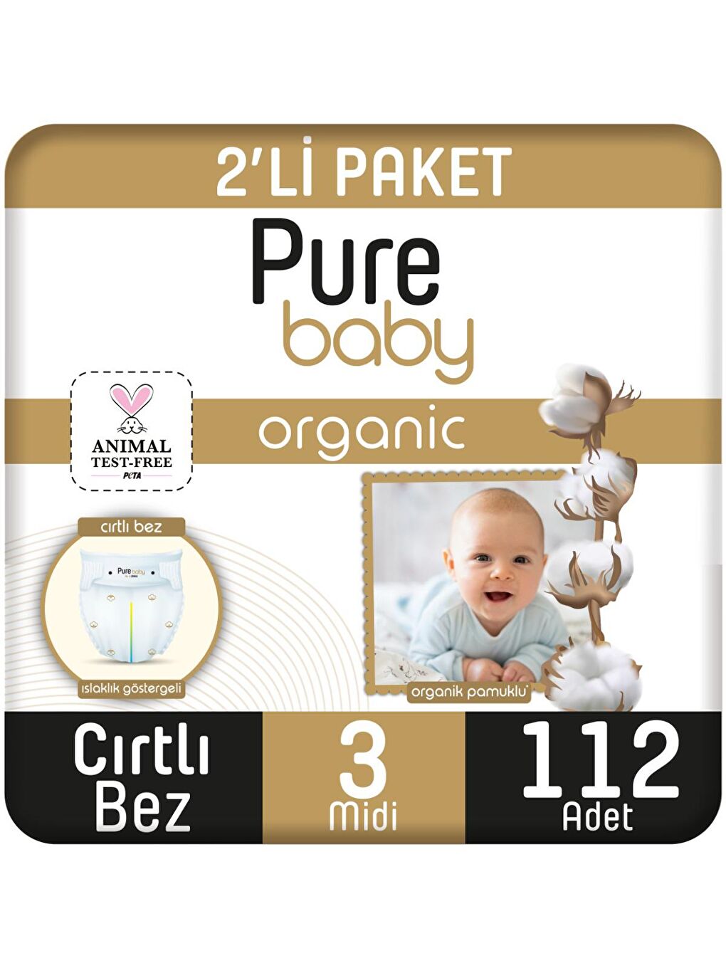 Pure Baby Renksiz Organik Pamuklu Cırtlı Bez 2'li Paket 3 Numara Midi 112 Adet