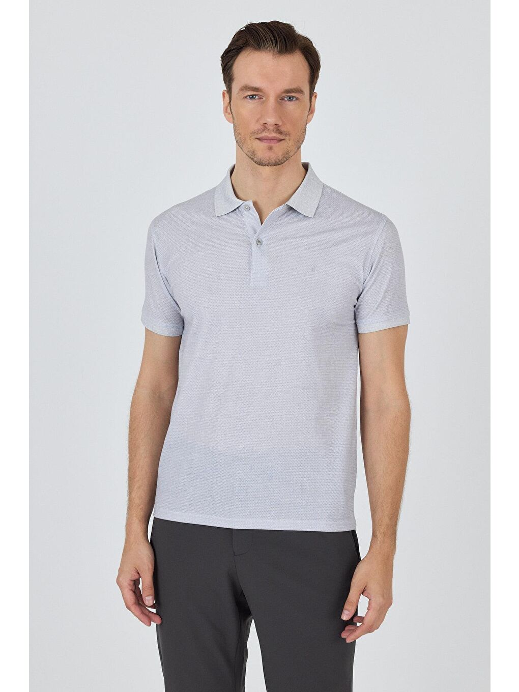 Gri Kısa Kol Baskılı Pike Polo Yaka Cepsiz Esnek Casual Slim Fit Tişört 1011250153