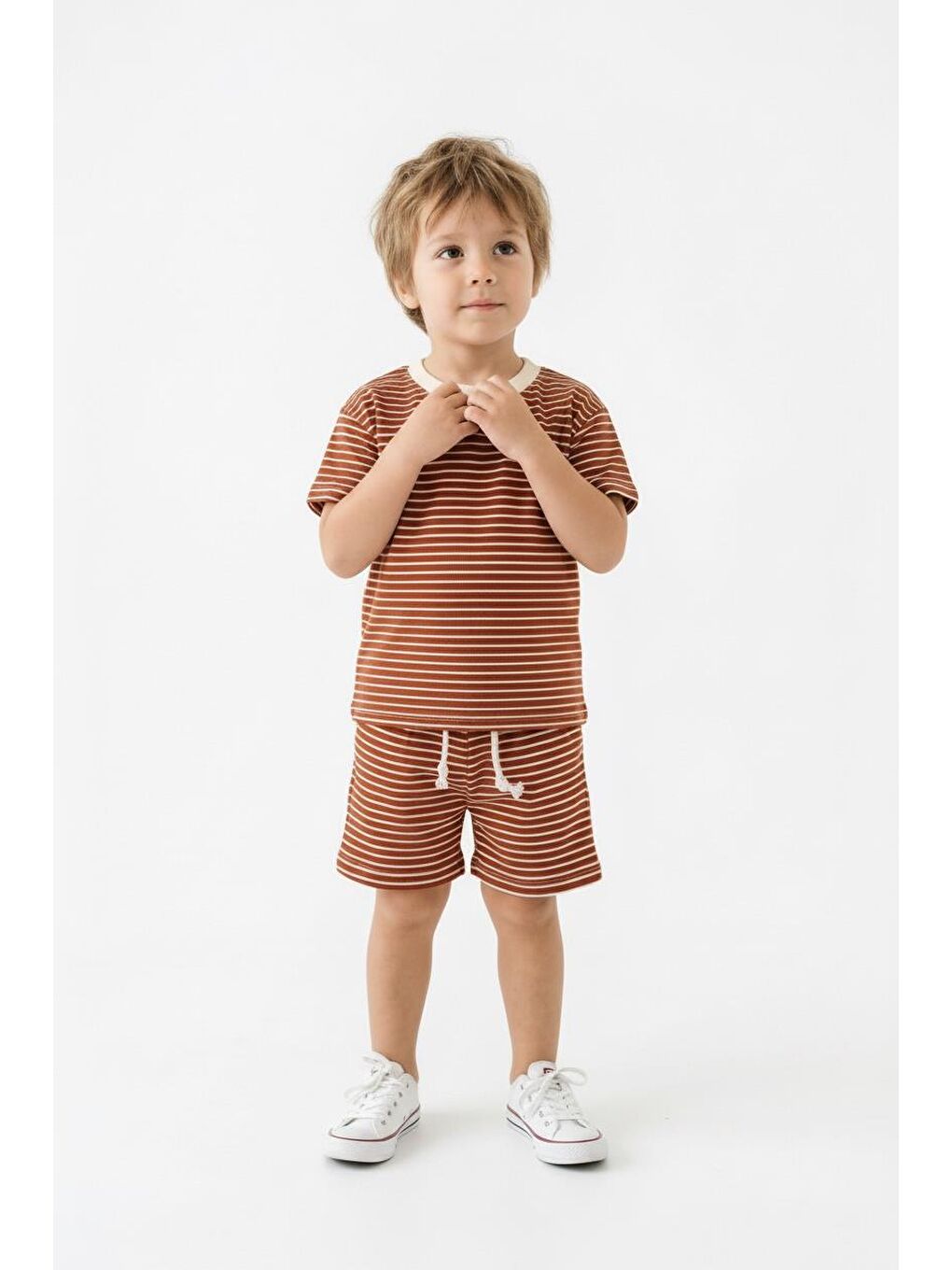 Kahverengi Çizgili Şort Tişört 2li Takım-3