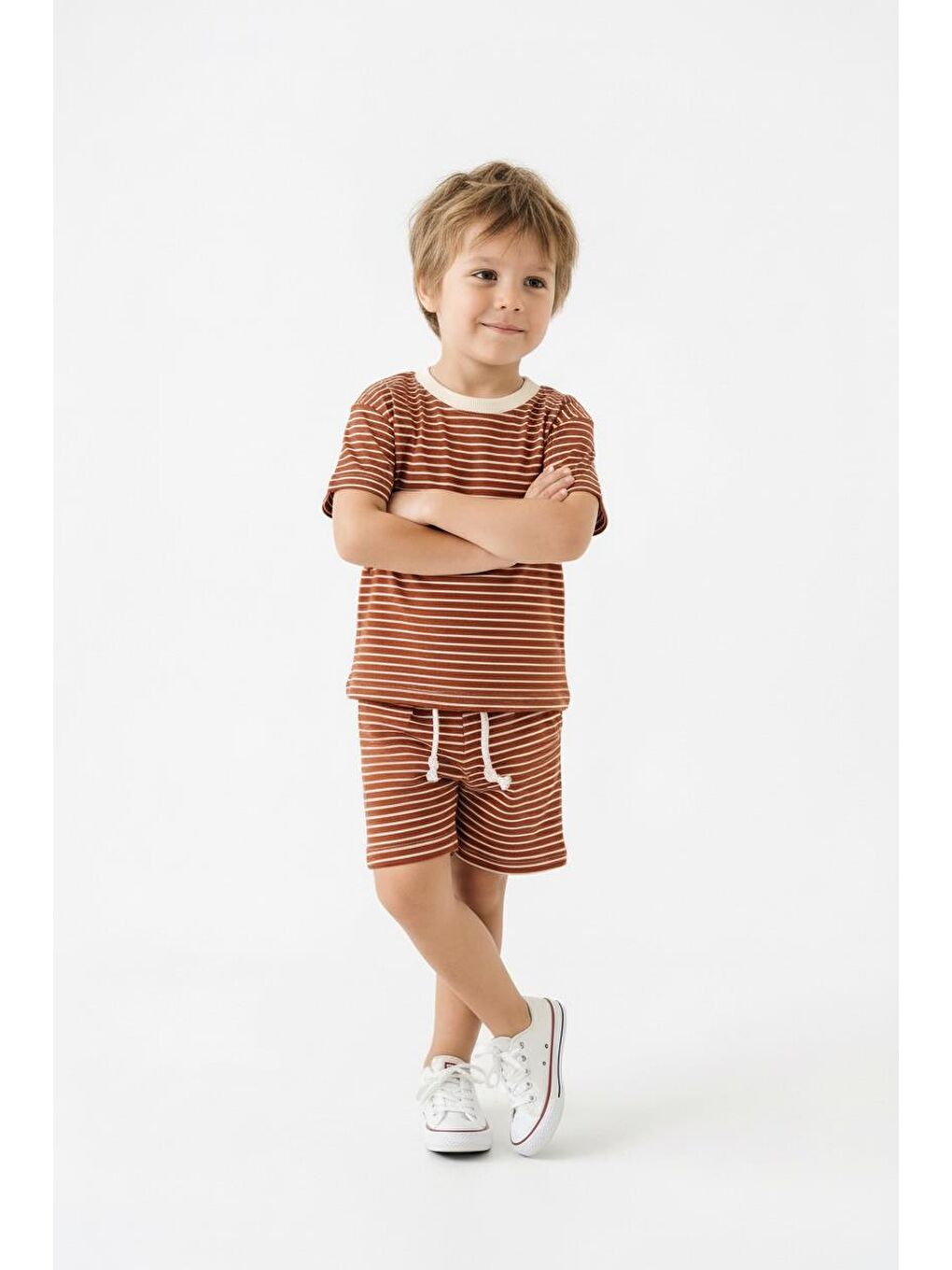 Kahverengi Çizgili Şort Tişört 2li Takım-4
