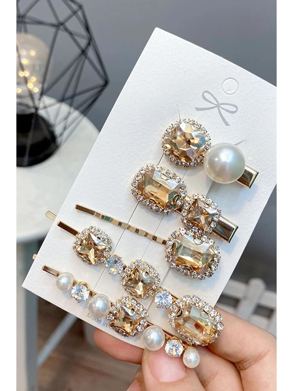 Sarı Çek Kristal Taşlı Toka Seti 5'li Paket-6