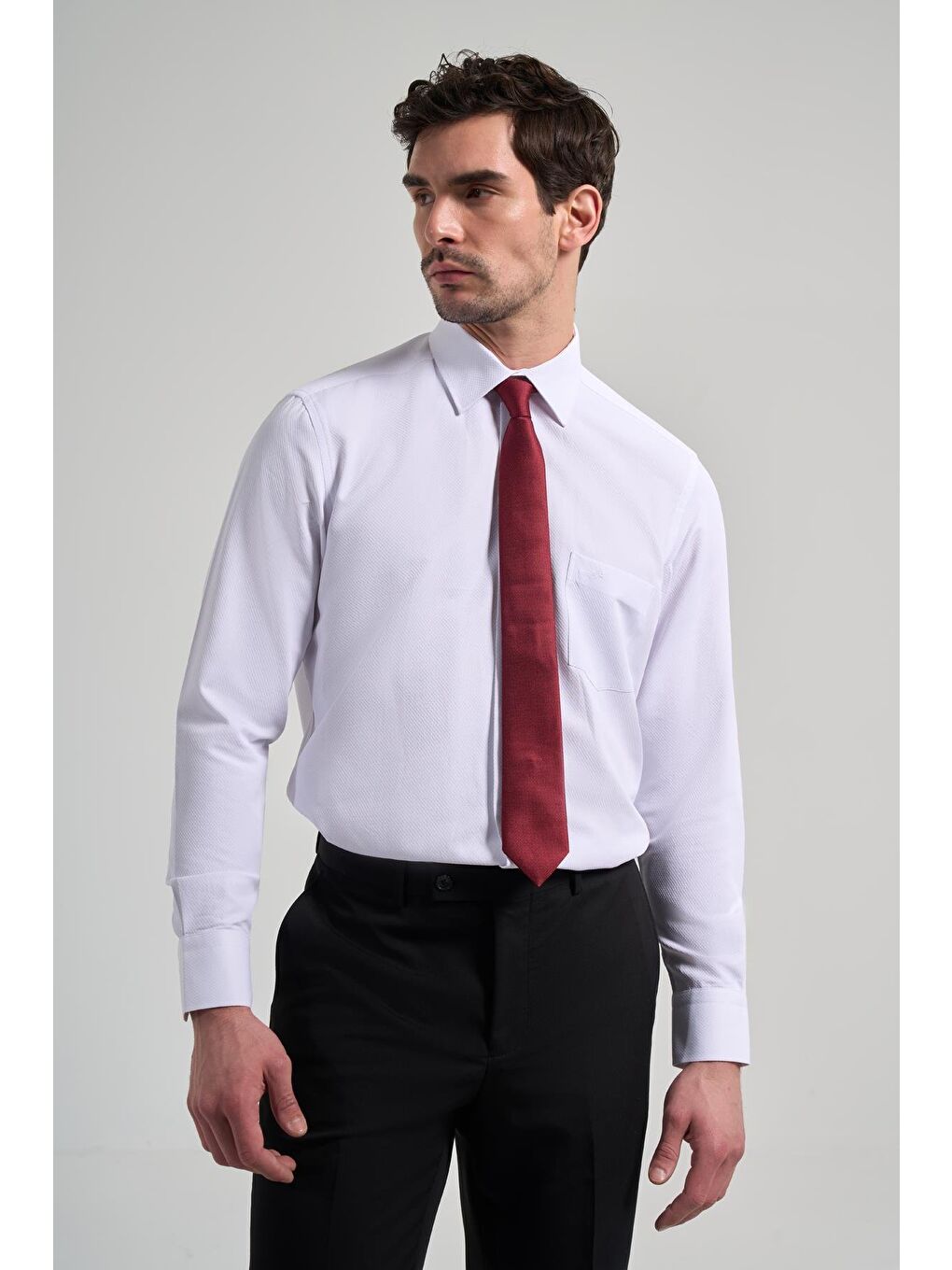 Beyaz Uzun Kol Desenli Armürlü Sert Yaka Cepli Pamuklu Classic Comfort Fit Gömlek 1004250171-2