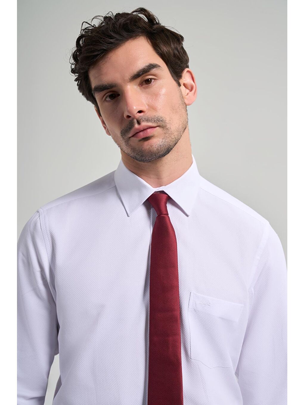 Beyaz Uzun Kol Desenli Armürlü Sert Yaka Cepli Pamuklu Classic Comfort Fit Gömlek 1004250171-3