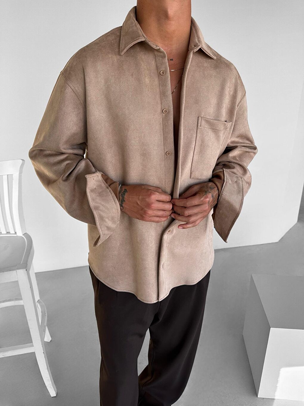Erkek Oversize Süet Gömlek  Bej-1