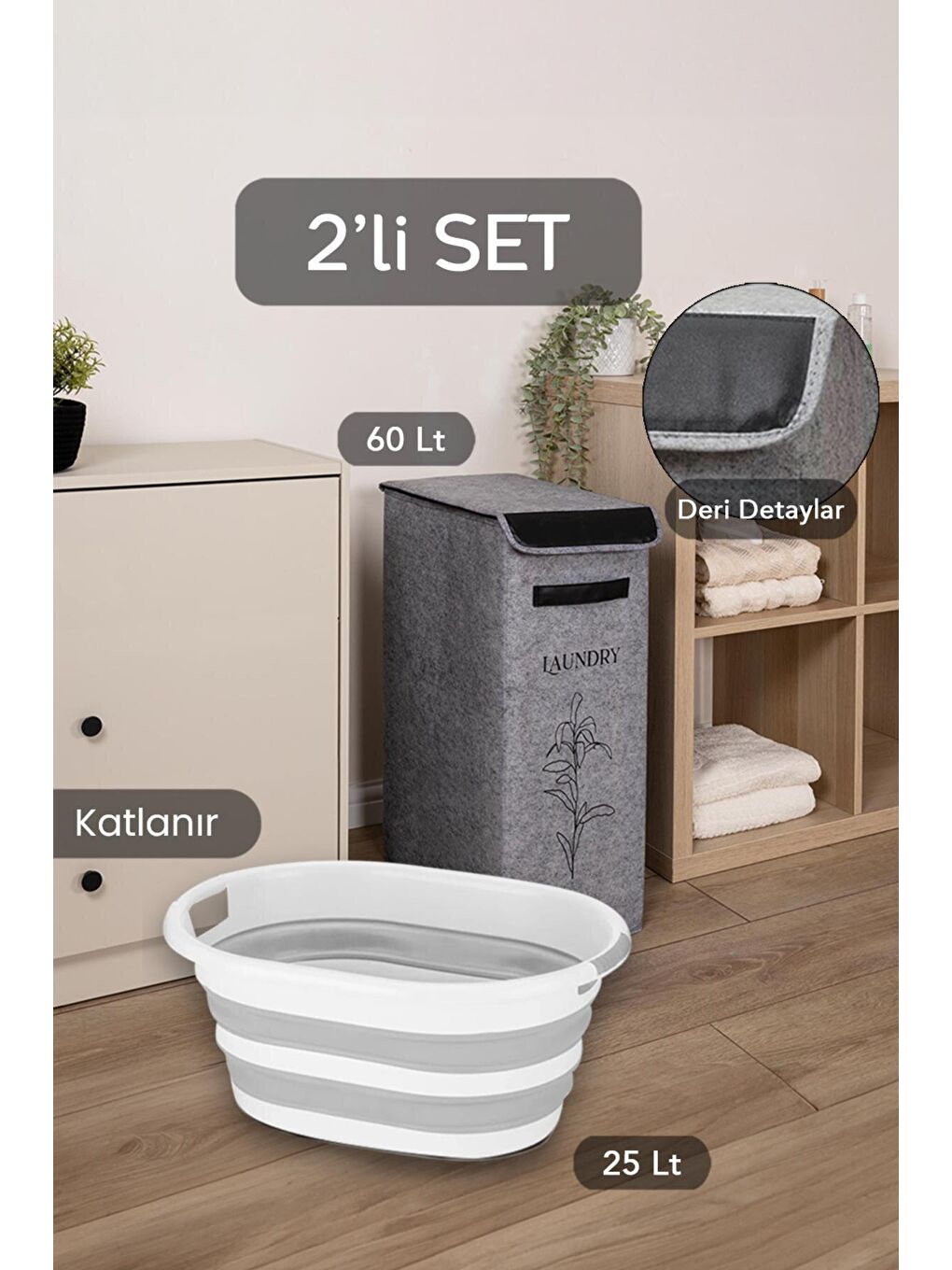 Kapaklı Keçe Kirli Çamaşır Sepeti Katlanır Saklama Selesi 2'li Set Gri 25x40x60cm-25lt