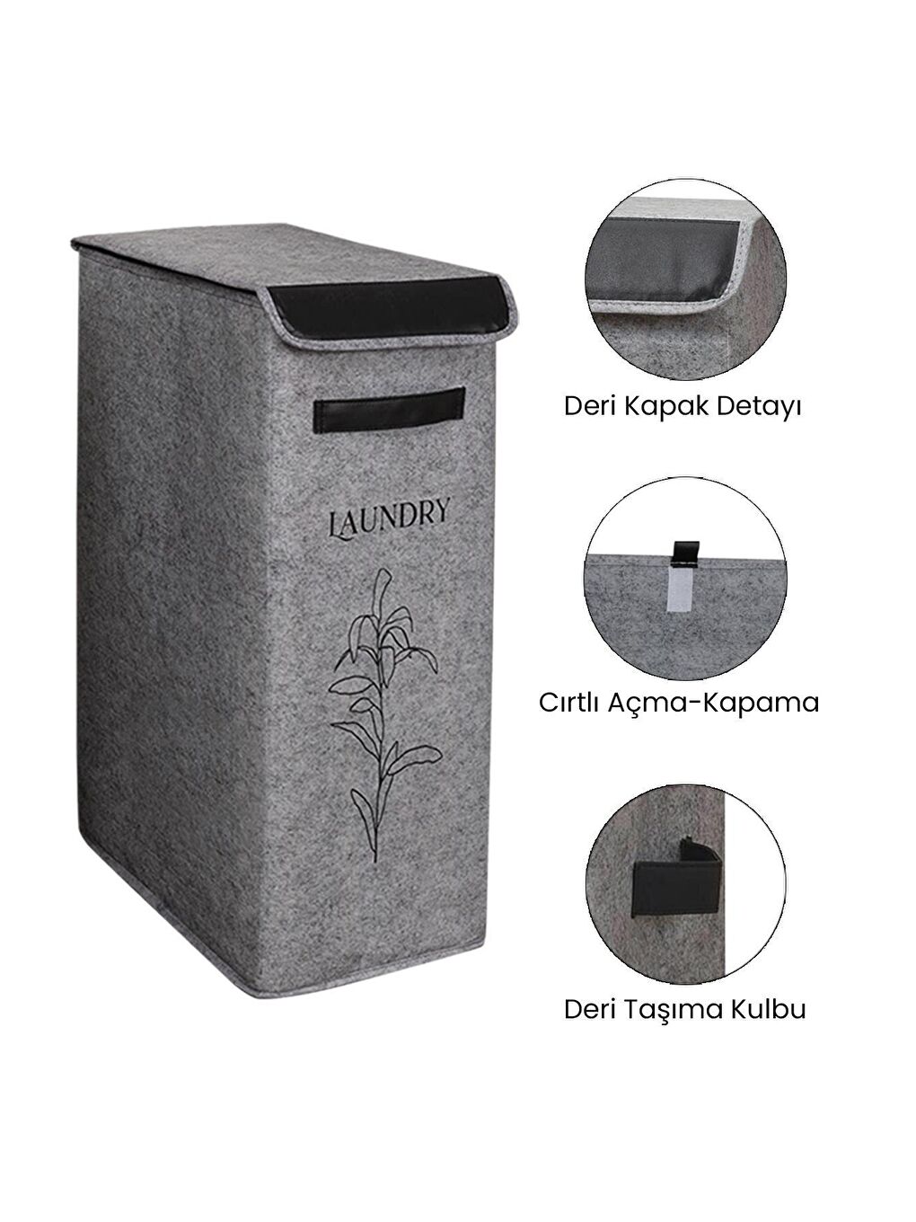 Kapaklı Keçe Kirli Çamaşır Sepeti Katlanır Saklama Selesi 2'li Set Gri 25x40x60cm-25lt-1